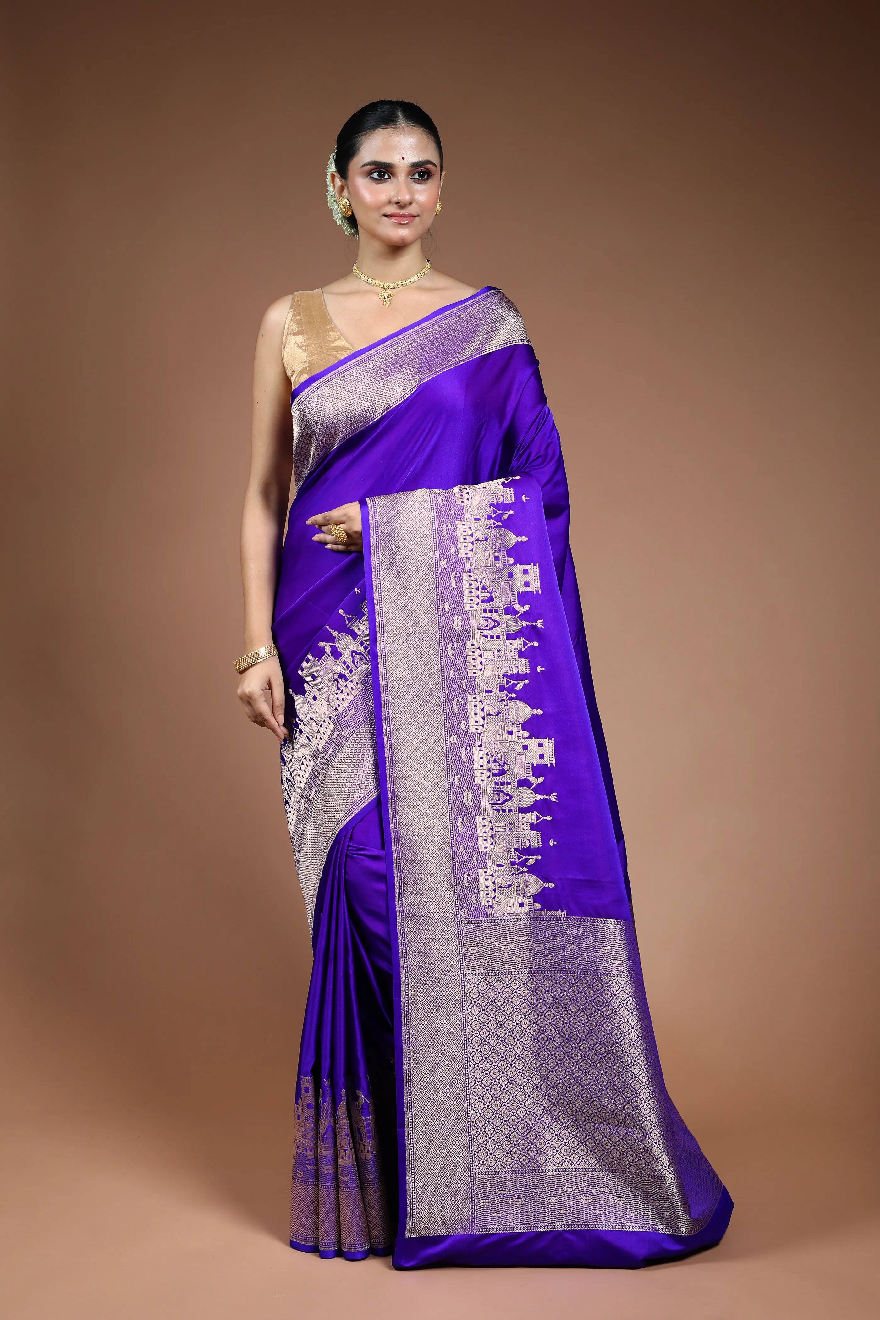 Ink Blue Ghat Katan Banarasi Saree with Blouse Piece