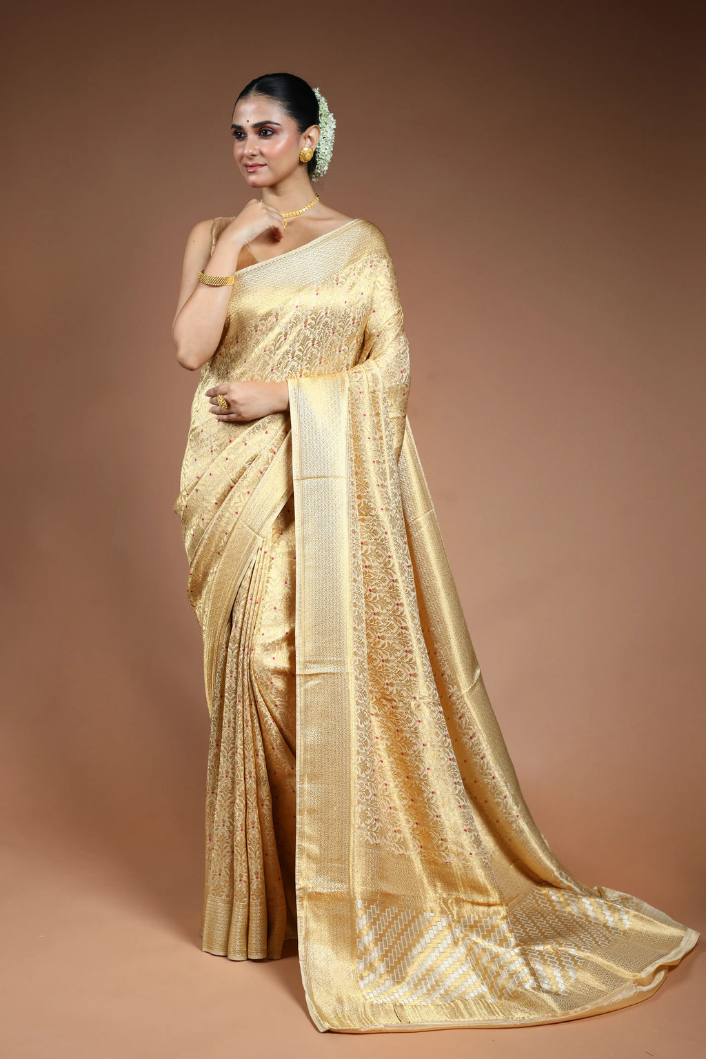 Beige Blended Mashru Saree with Blouse Piece