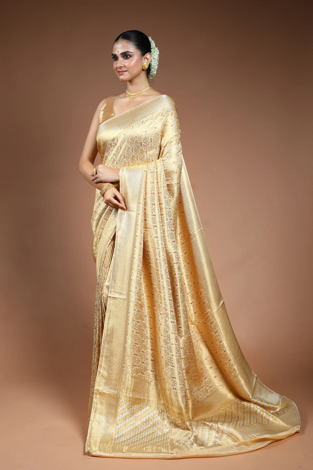 Beige Blended Mashru Saree with Blouse Piece