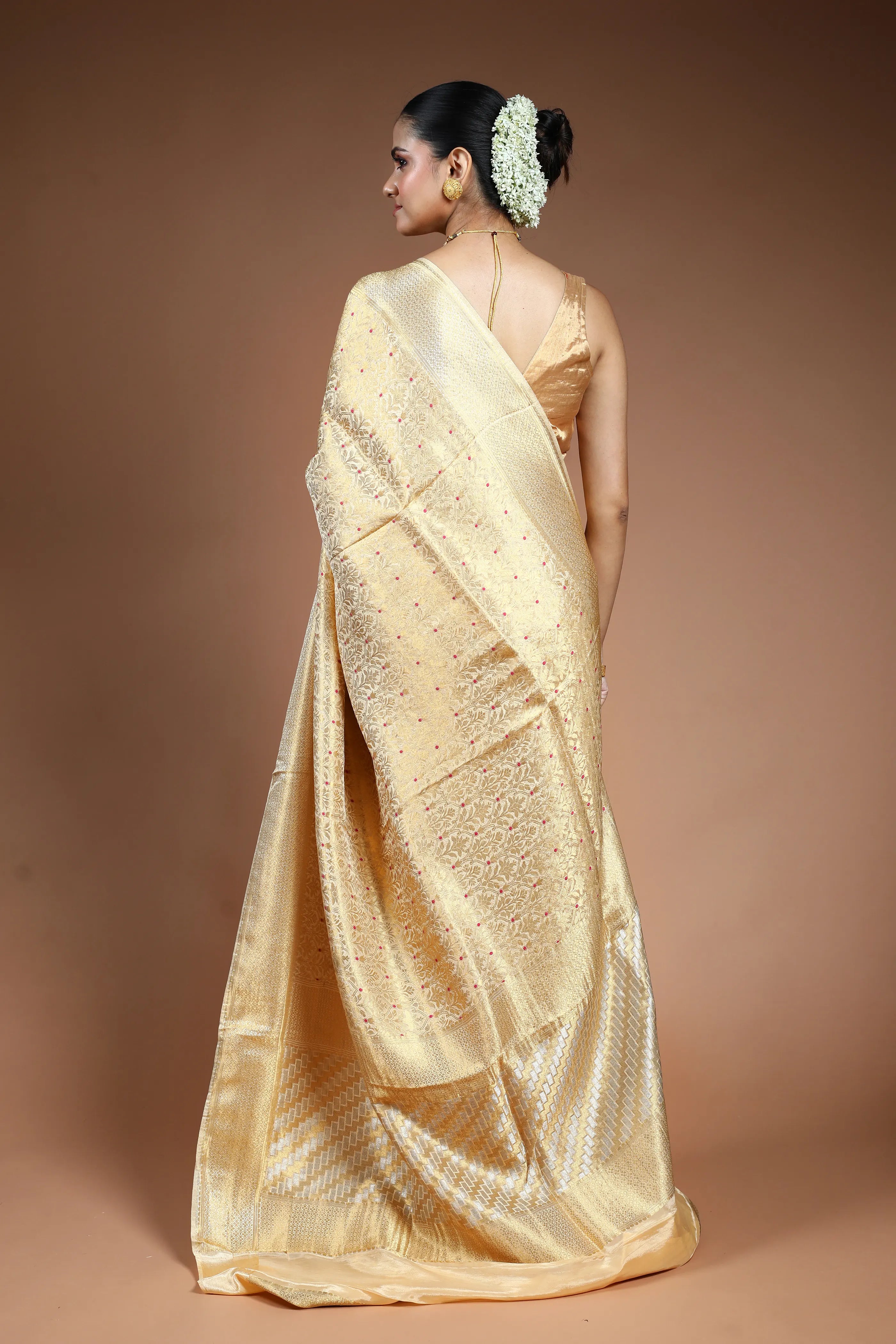 Beige Blended Mashru Saree with Blouse Piece