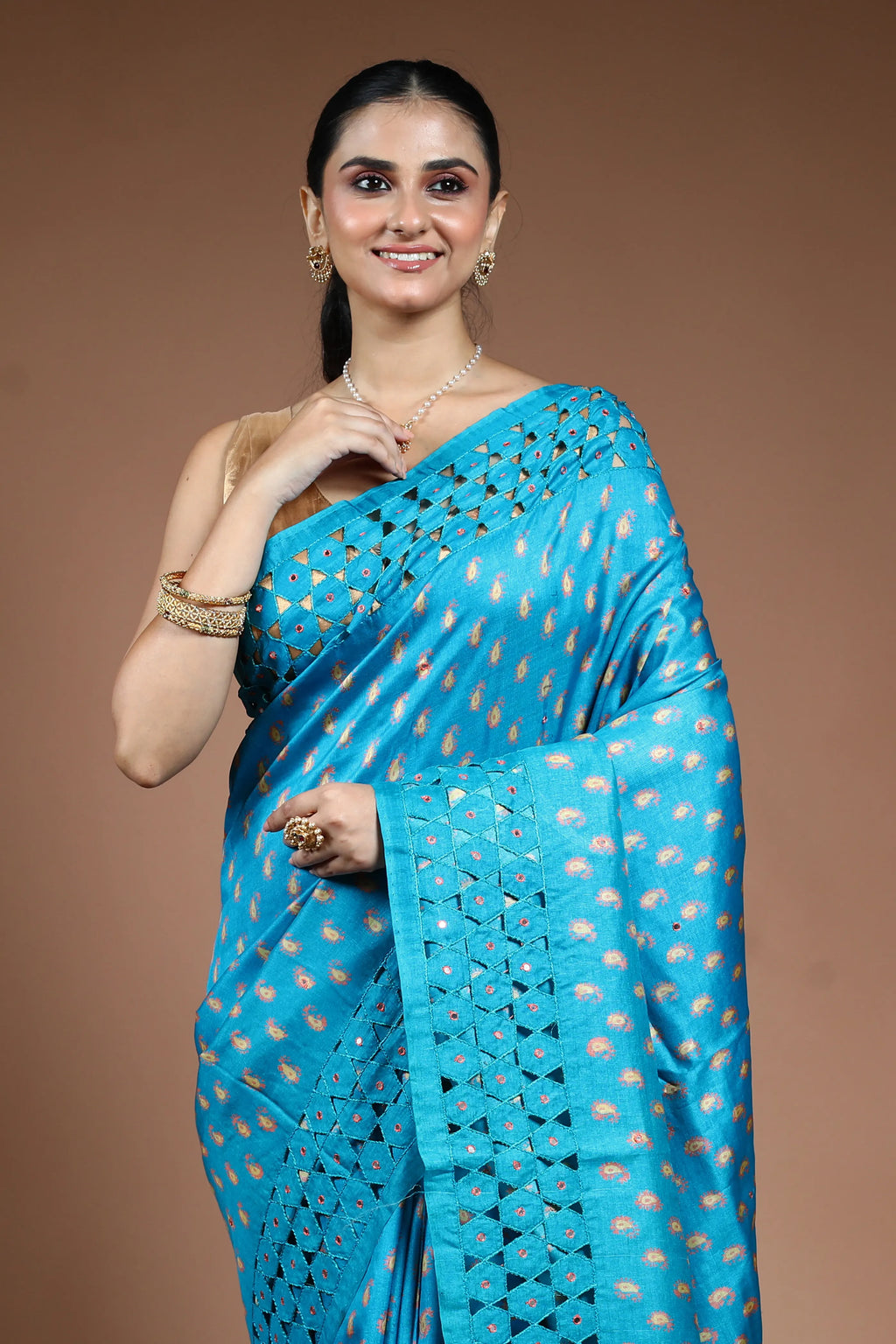 Sky Blue Tussar Cutwork Saree with Blouse Piece