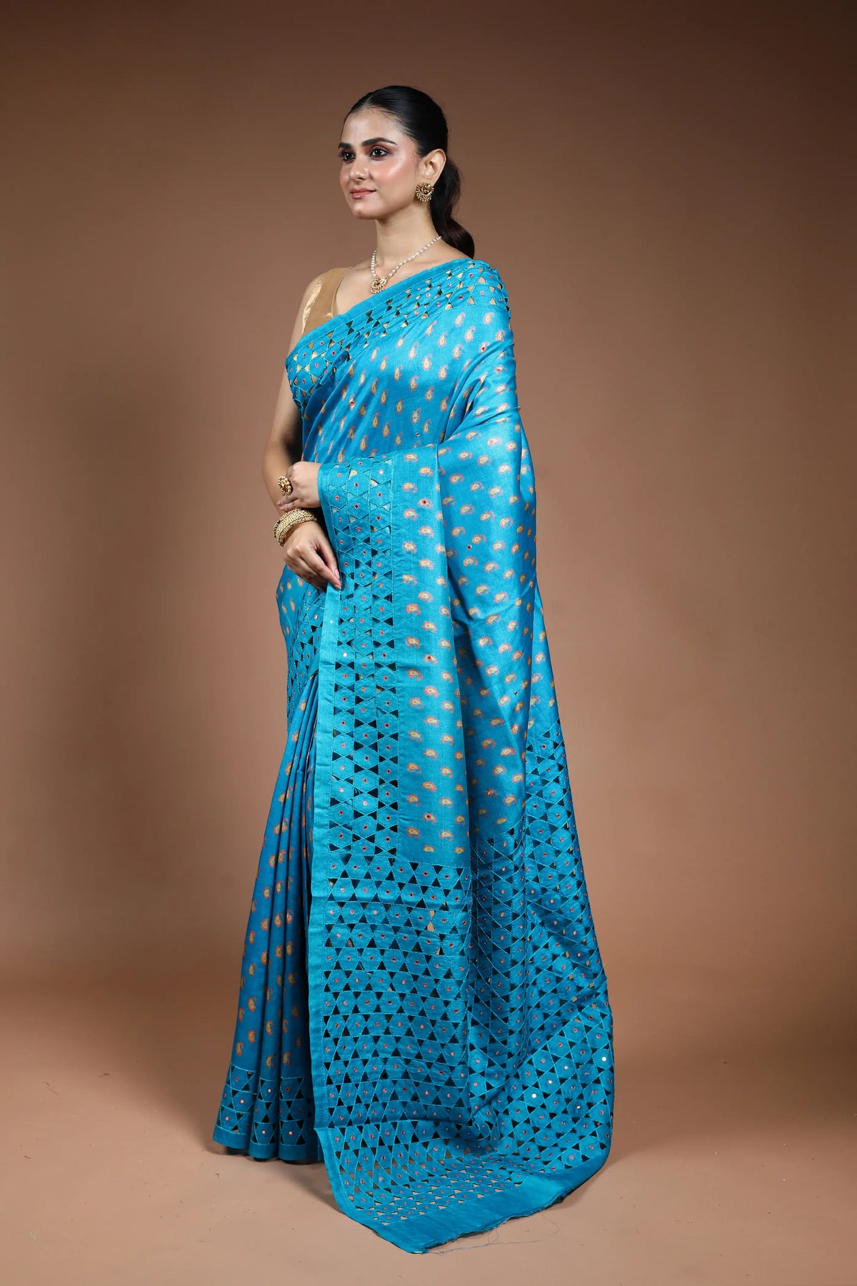 Sky Blue Tussar Cutwork Saree with Blouse Piece