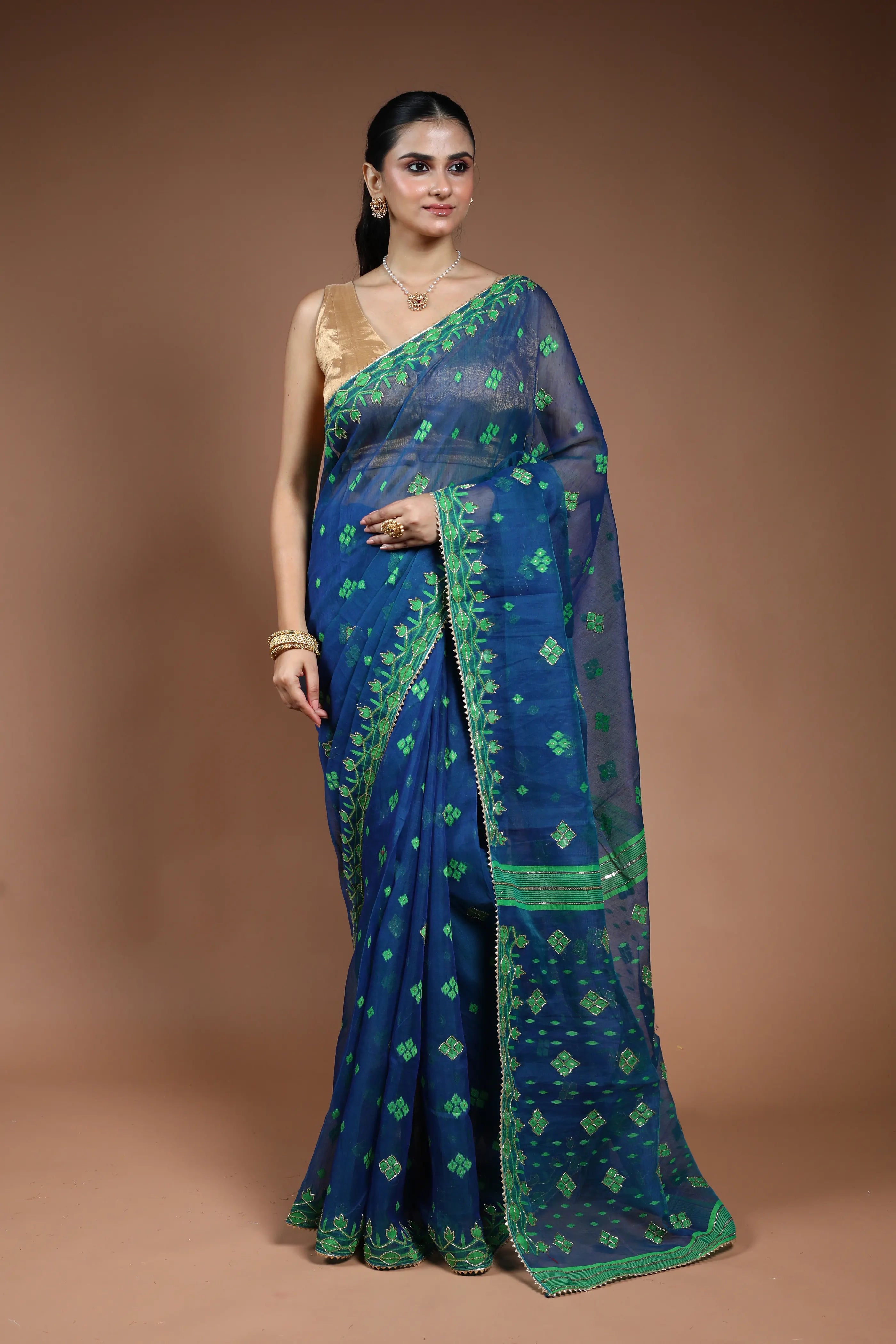 Peacock Blue Jamdani  Saree with Blouse Piece