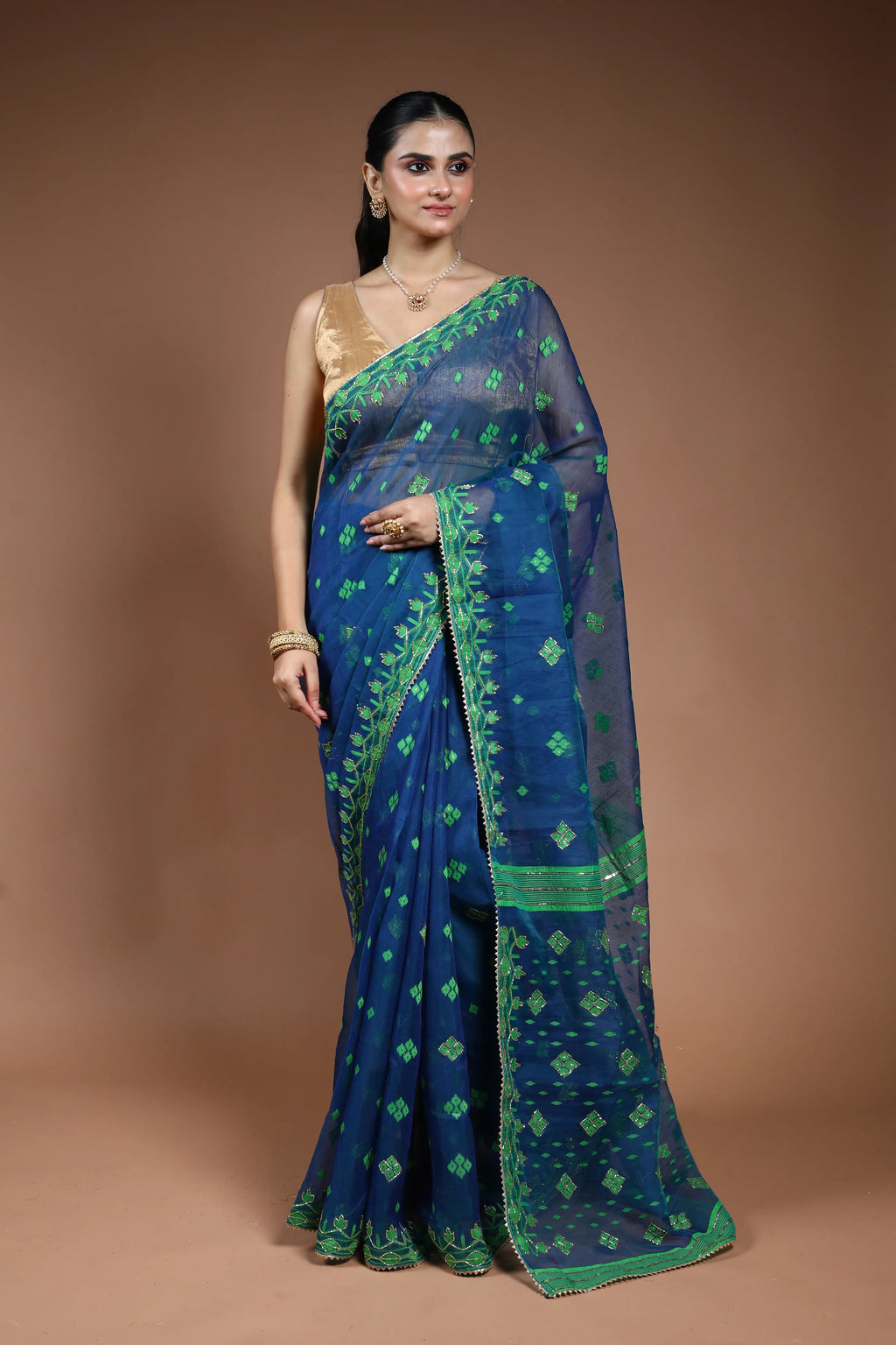 Peacock Blue Jamdani  Saree with Blouse Piece