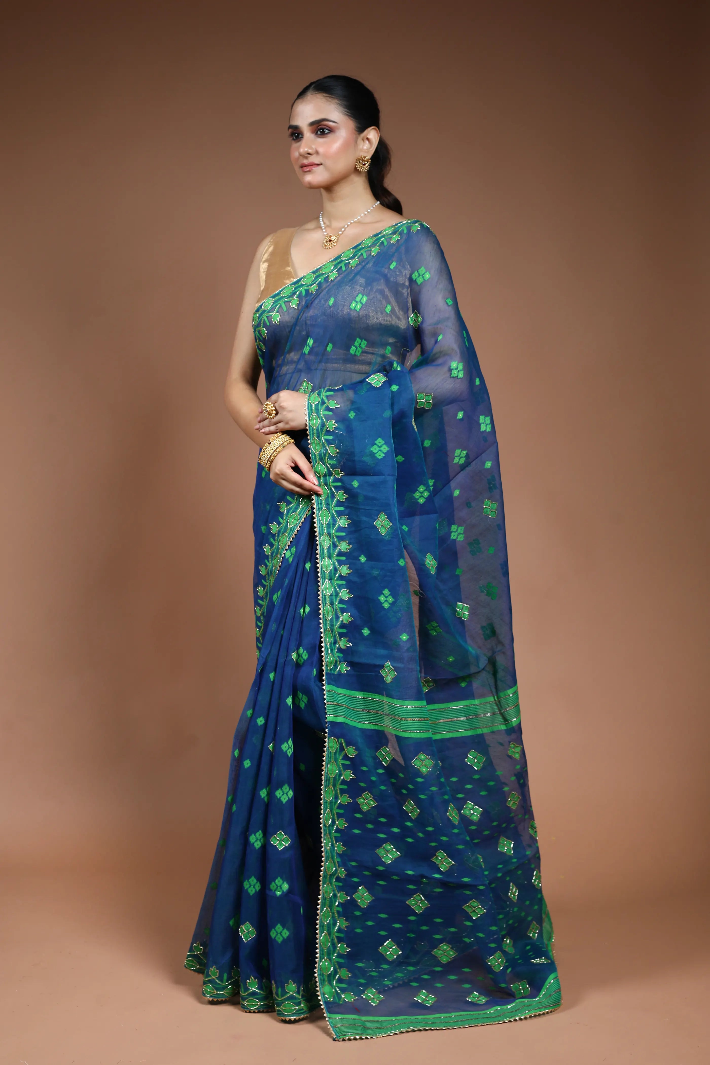 Peacock Blue Jamdani  Saree with Blouse Piece