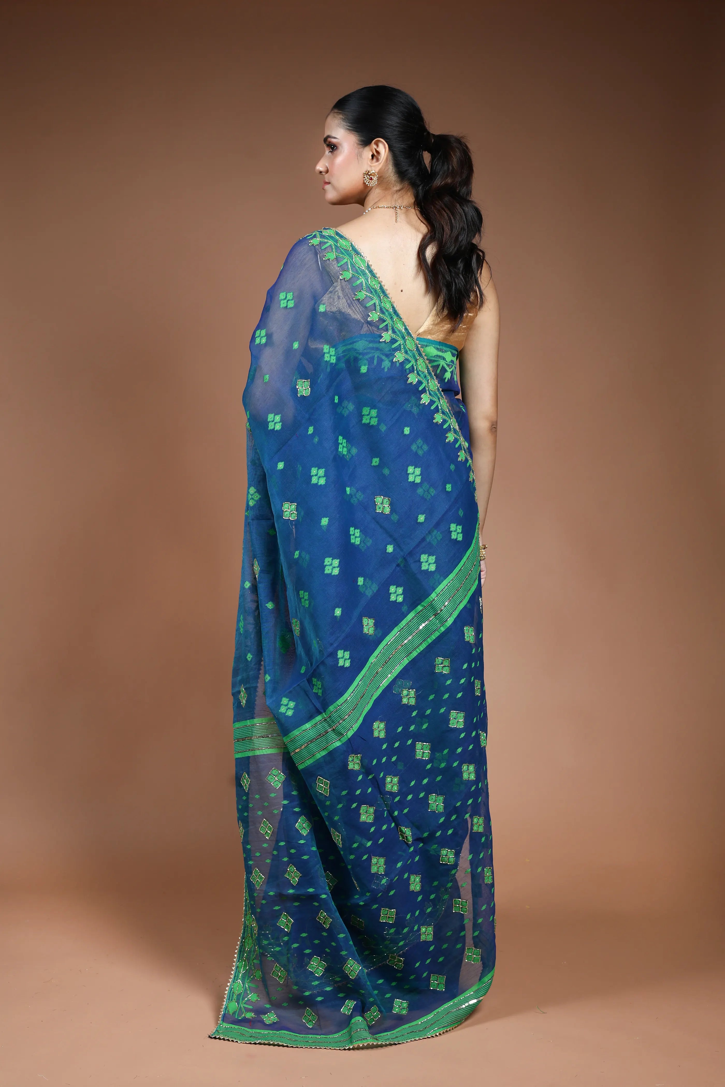 Peacock Blue Jamdani  Saree with Blouse Piece