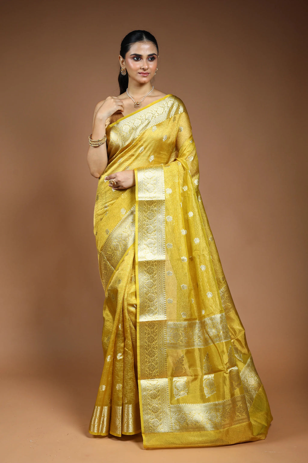 Yellow  Crushed Tissue Saree with Blouse Piece