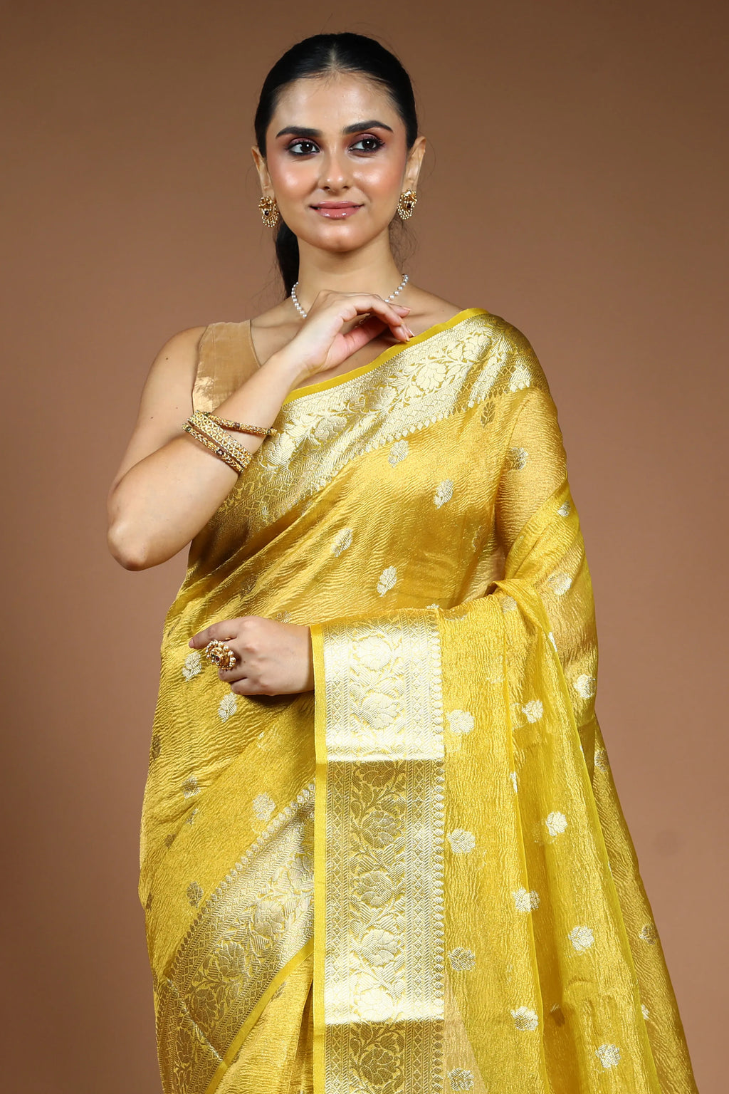 Yellow  Crushed Tissue Saree with Blouse Piece