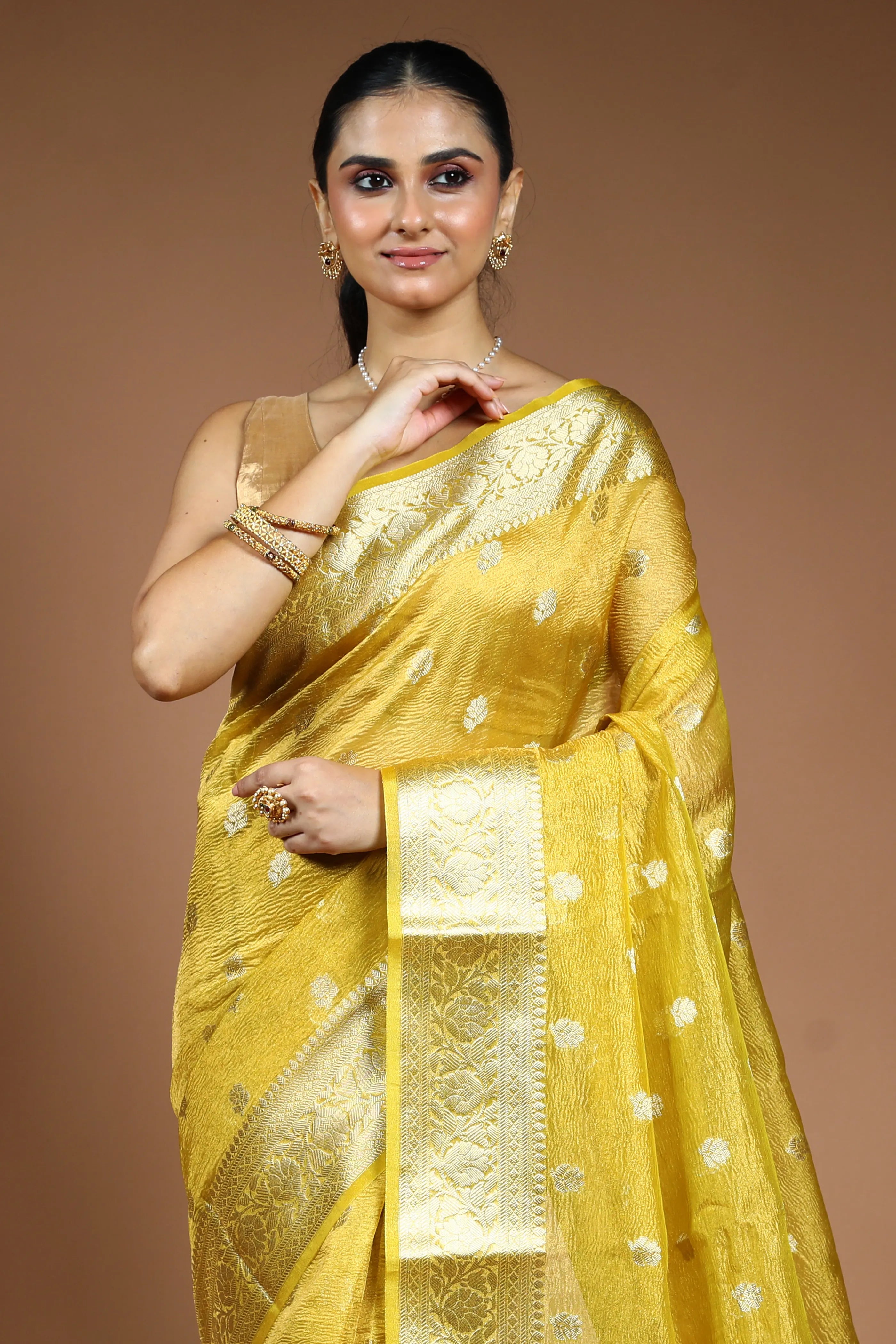 Yellow  Crushed Tissue Saree with Blouse Piece