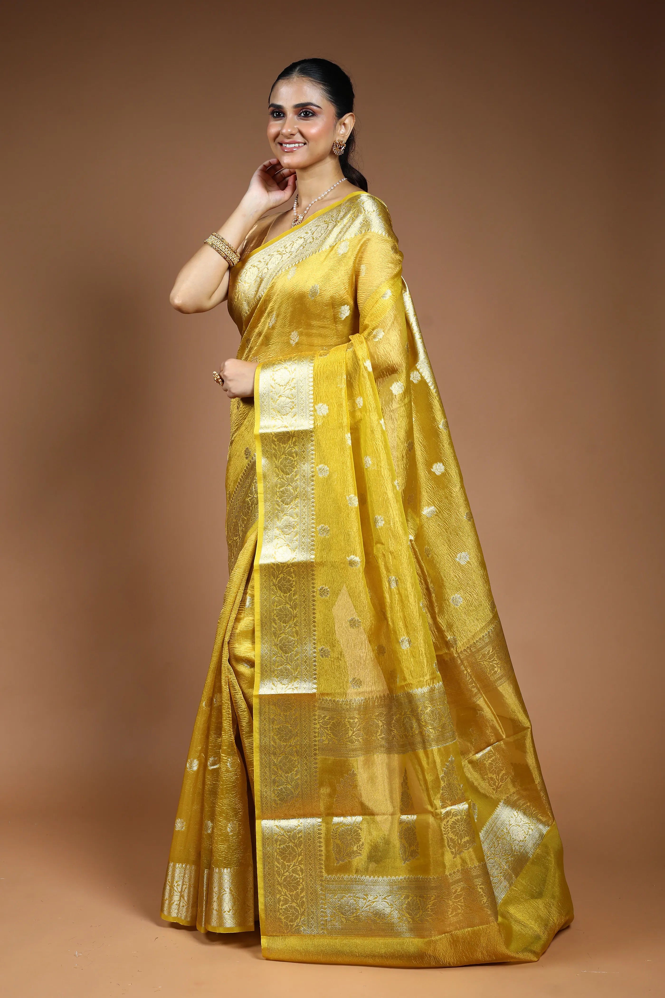 Yellow  Crushed Tissue Saree with Blouse Piece