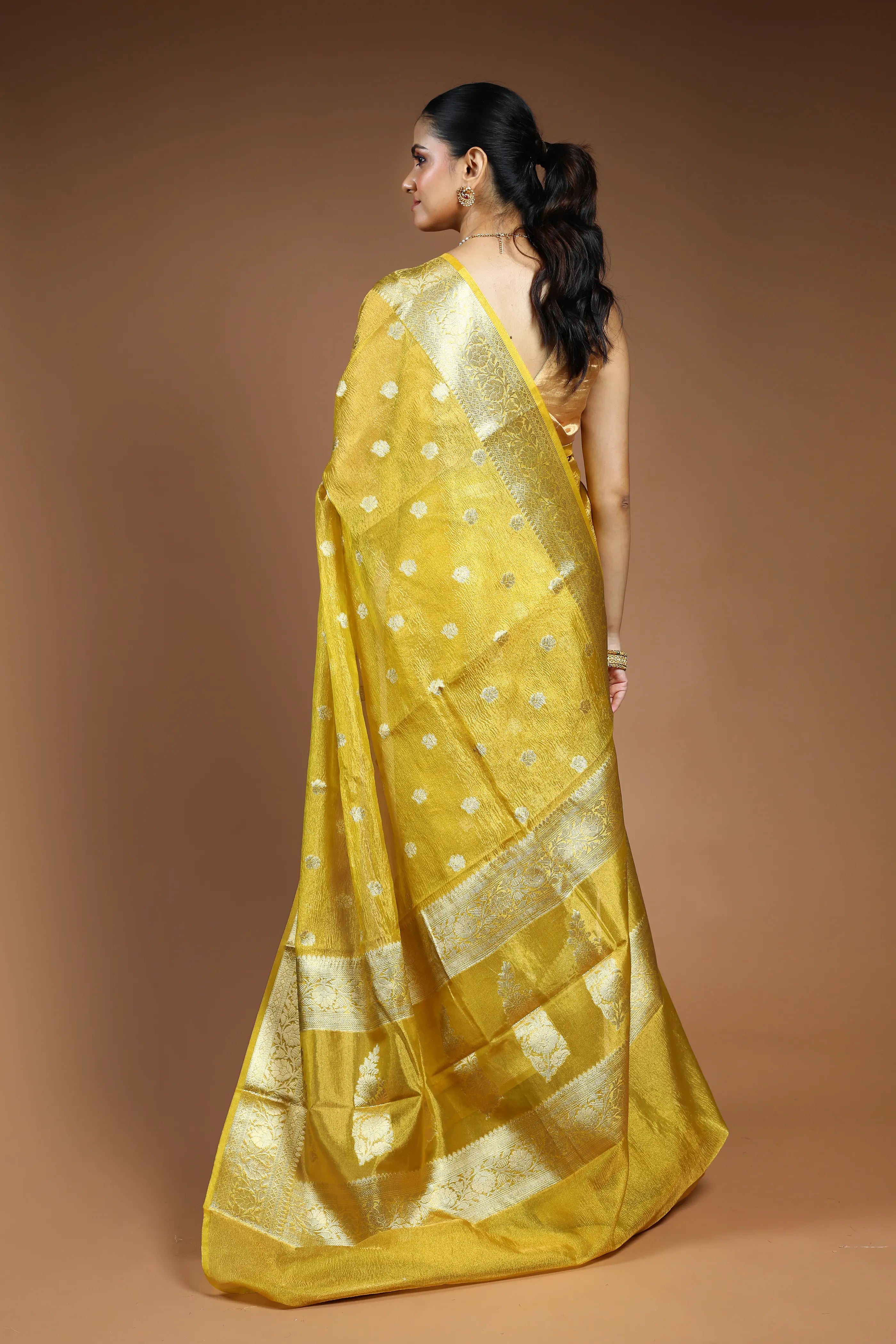 Yellow  Crushed Tissue Saree with Blouse Piece