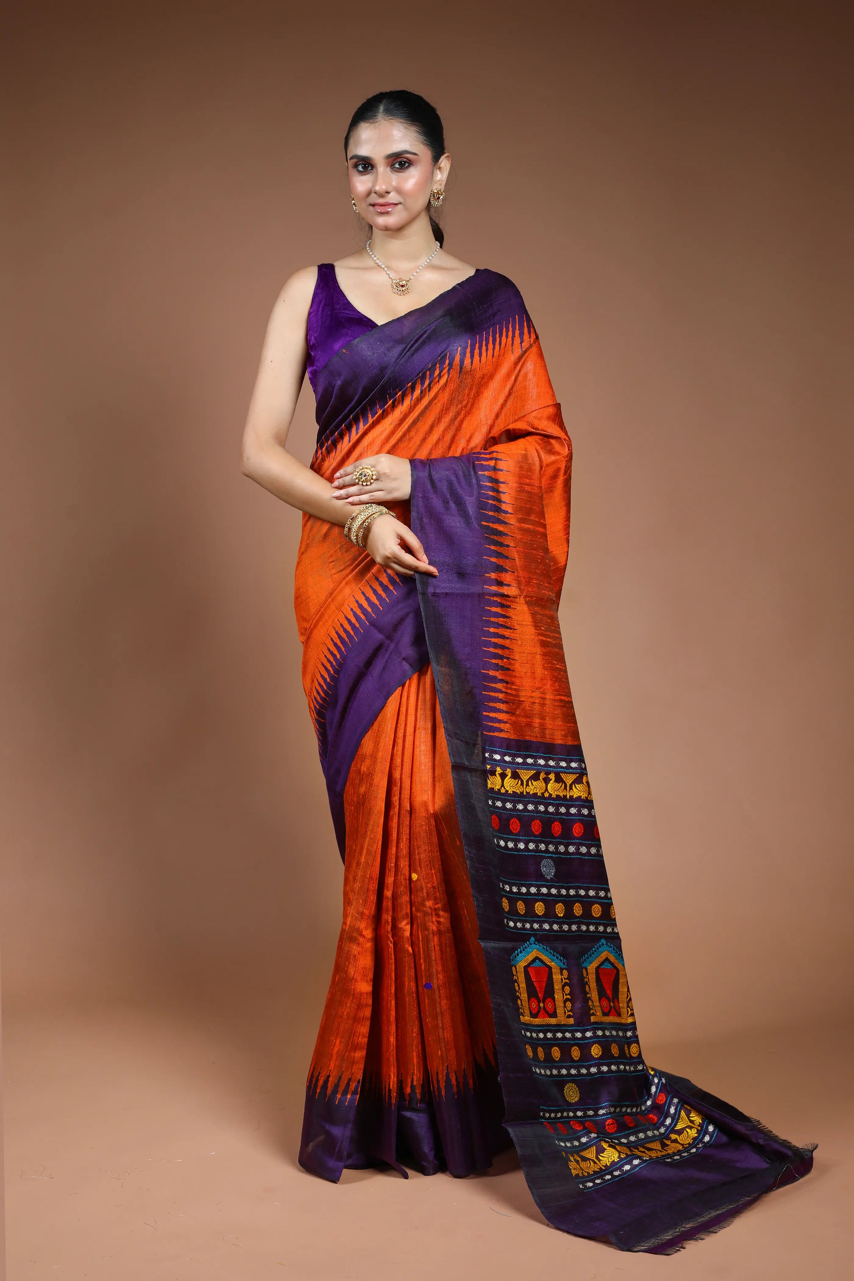 Orange Raw Silk Saree with Blouse Piece