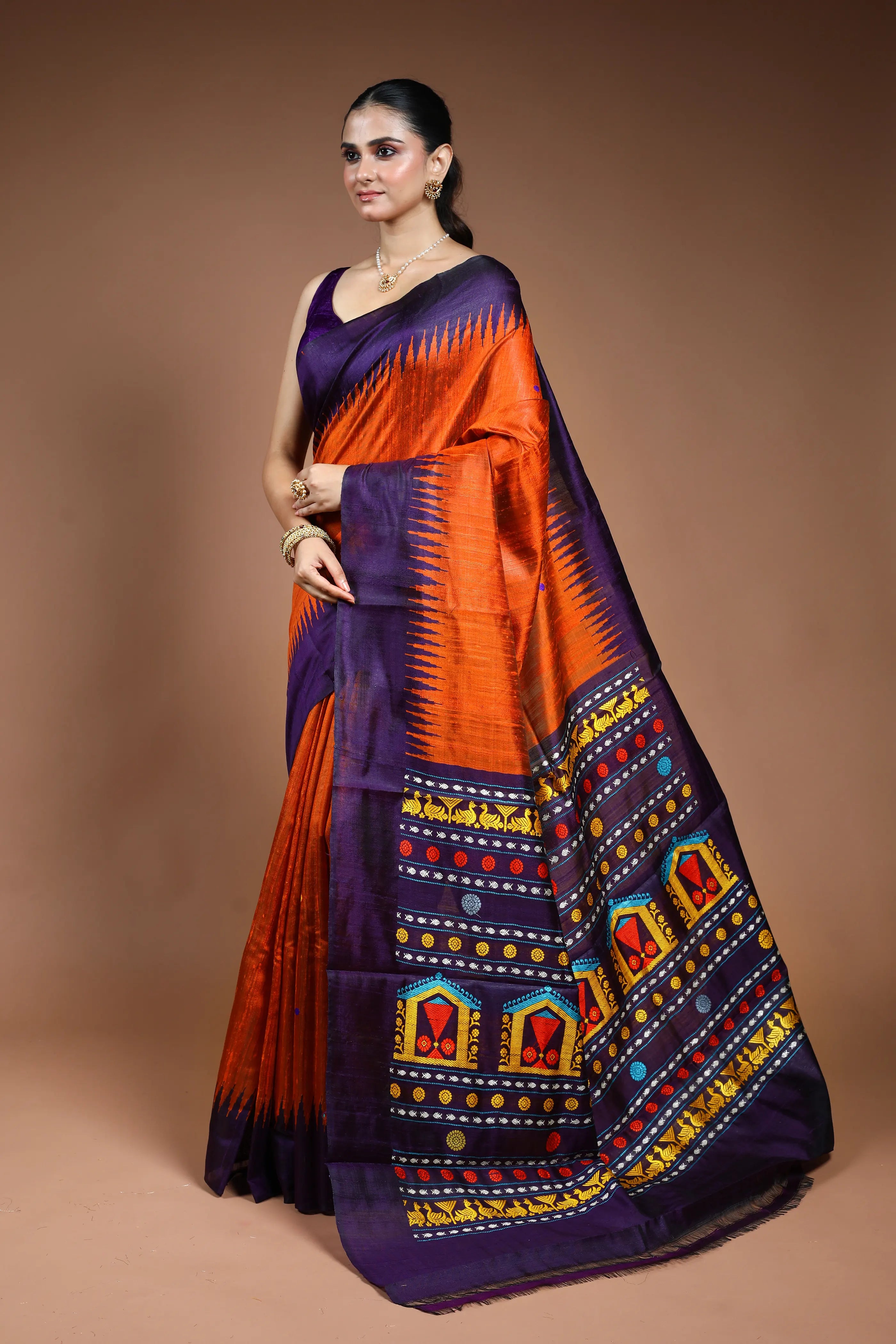 Orange Raw Silk Saree with Blouse Piece