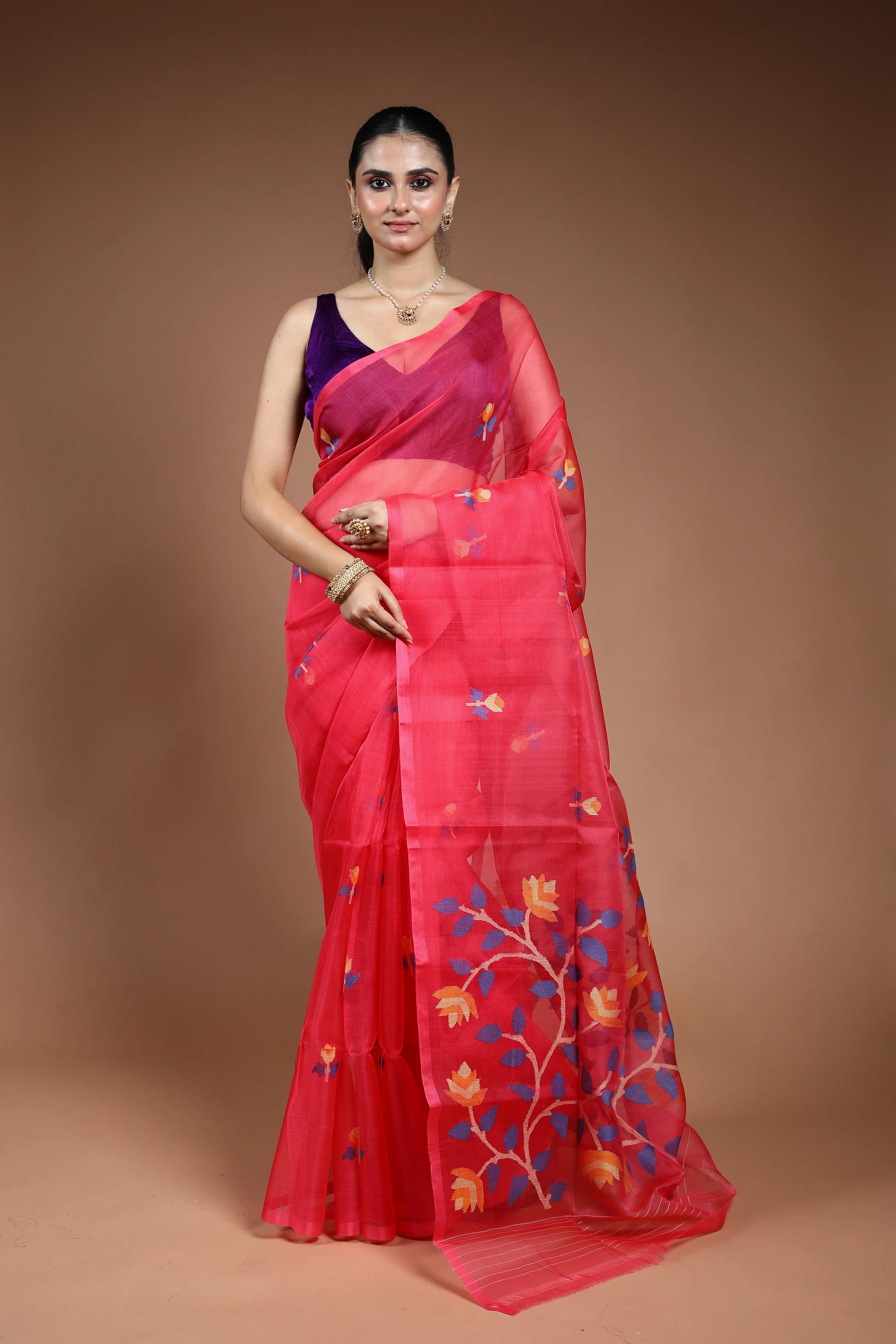 Scarlet Red Muslin Jamdani Saree without Blouse Piece