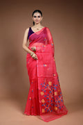 Scarlet Red Muslin Jamdani Saree without Blouse Piece