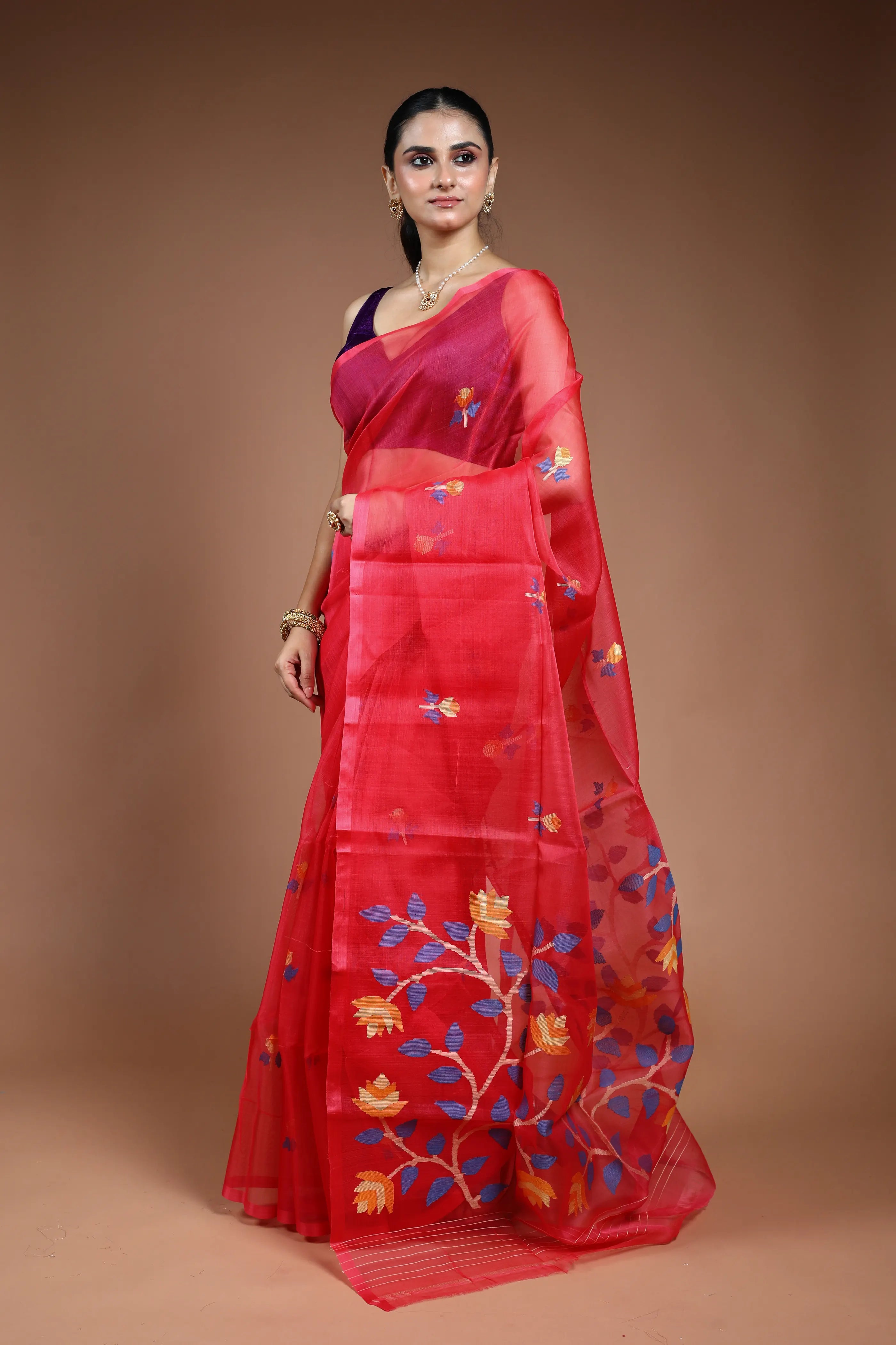 Scarlet Red Muslin Jamdani Saree without Blouse Piece
