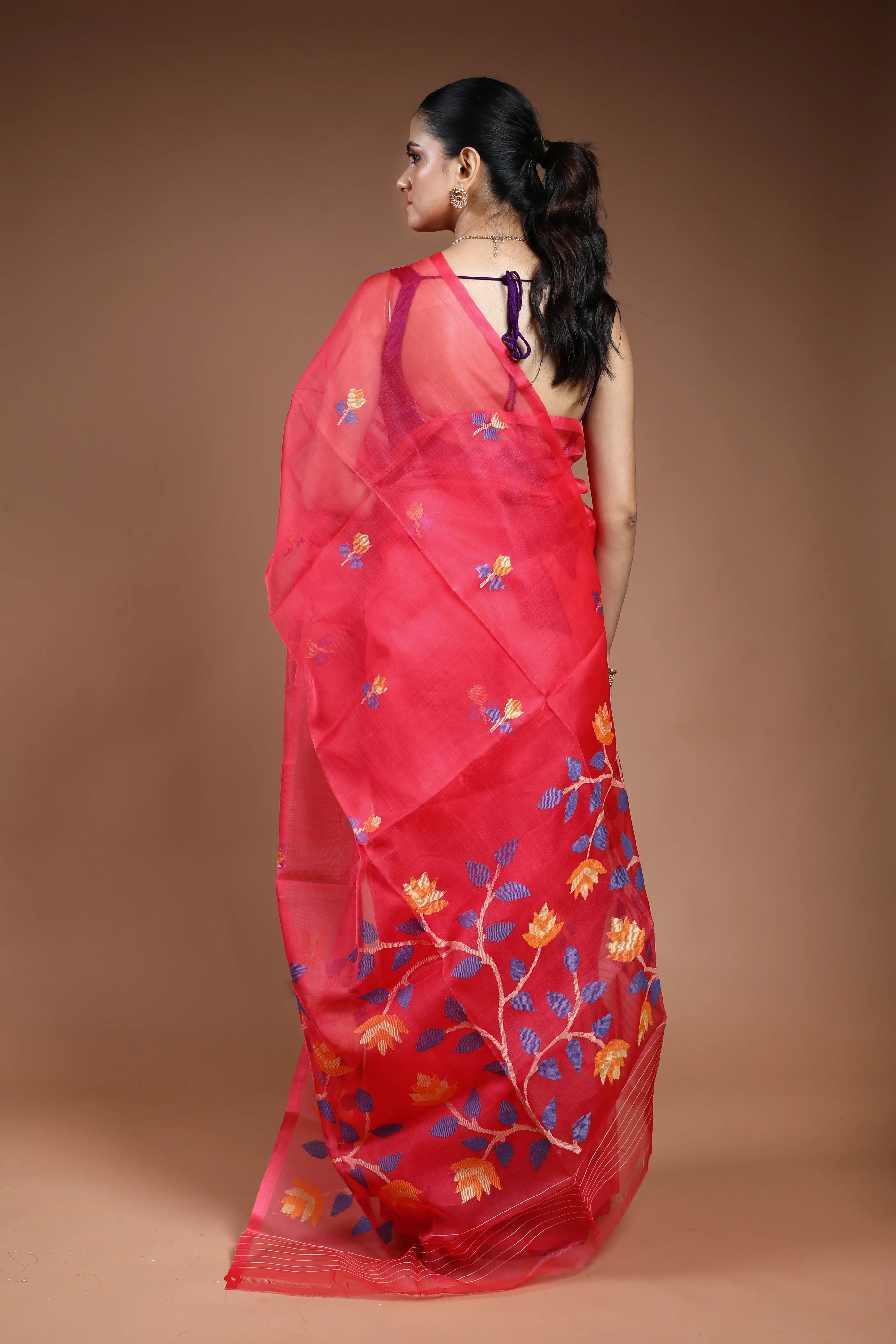 Scarlet Red Muslin Jamdani Saree without Blouse Piece
