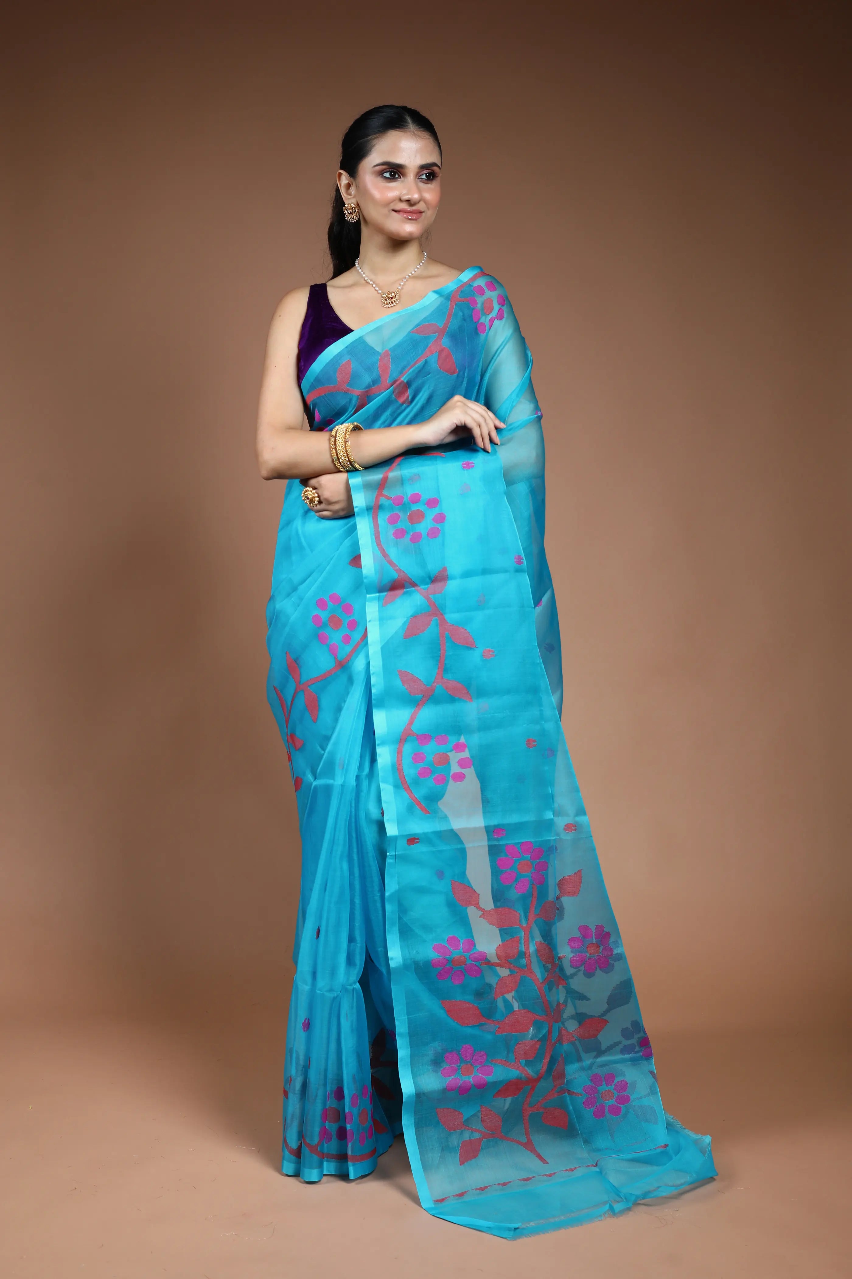 Sky Blue Muslin Jamdani Saree without Blouse Piece