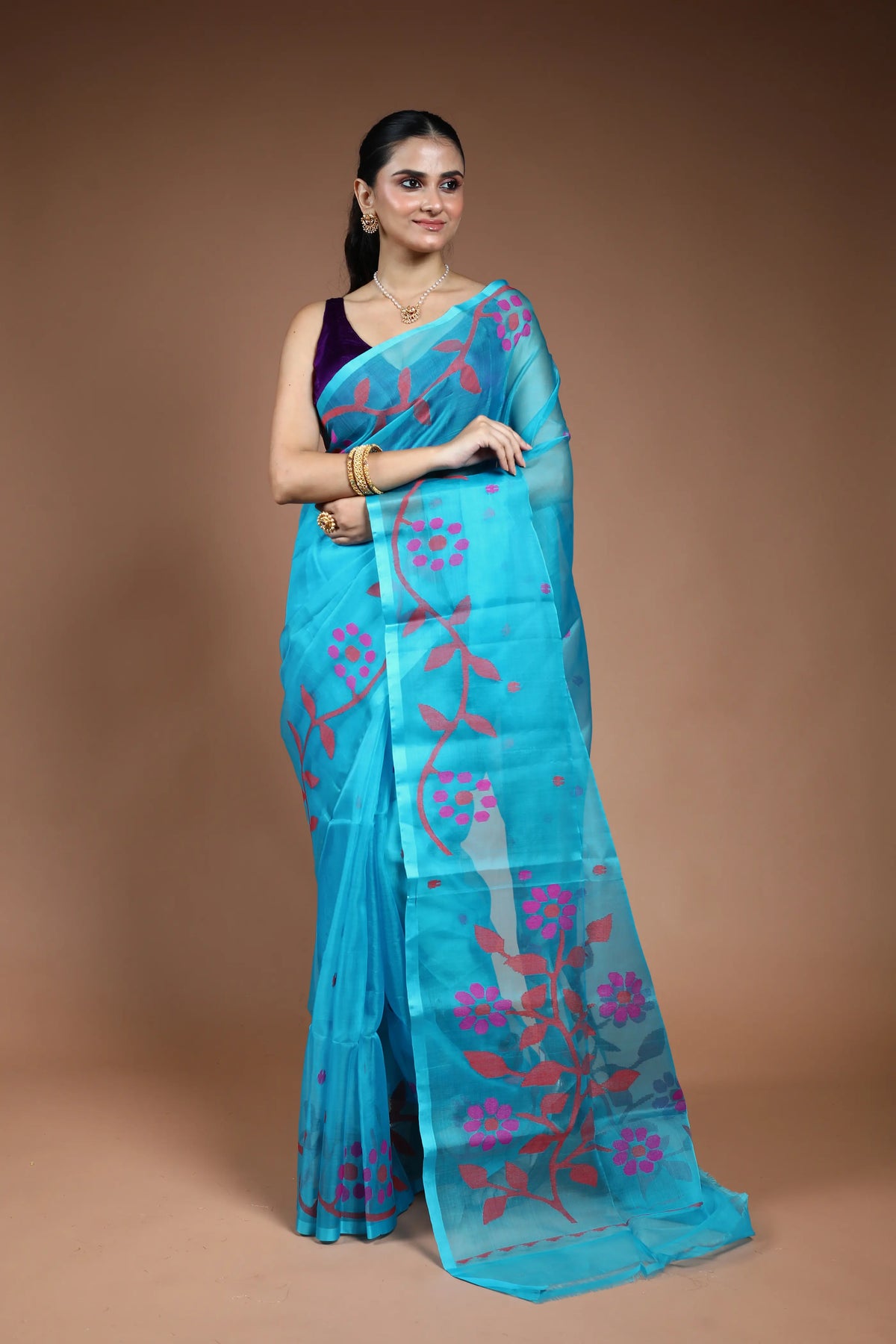 Sky Blue Muslin Jamdani Saree without Blouse Piece
