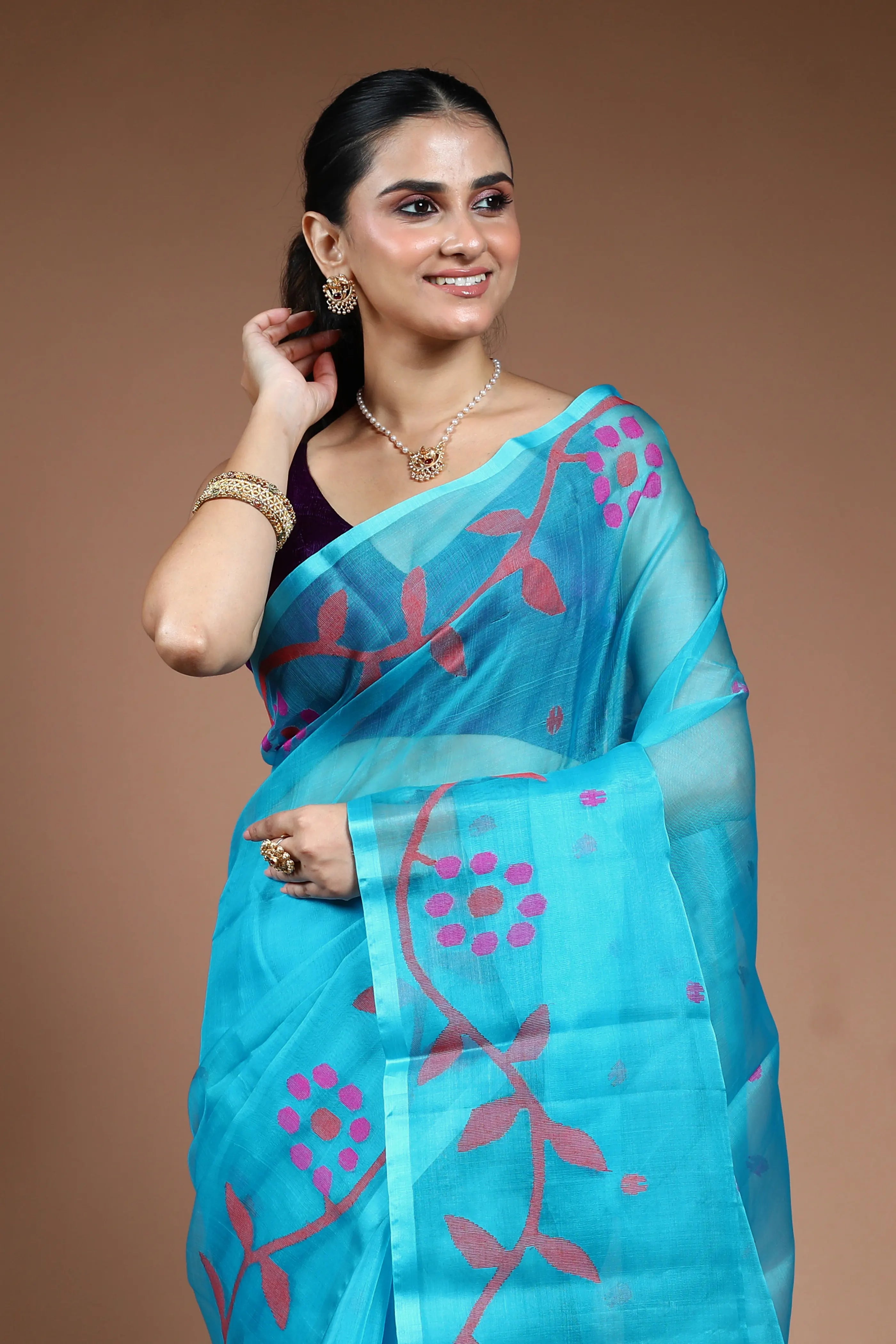 Sky Blue Muslin Jamdani Saree without Blouse Piece