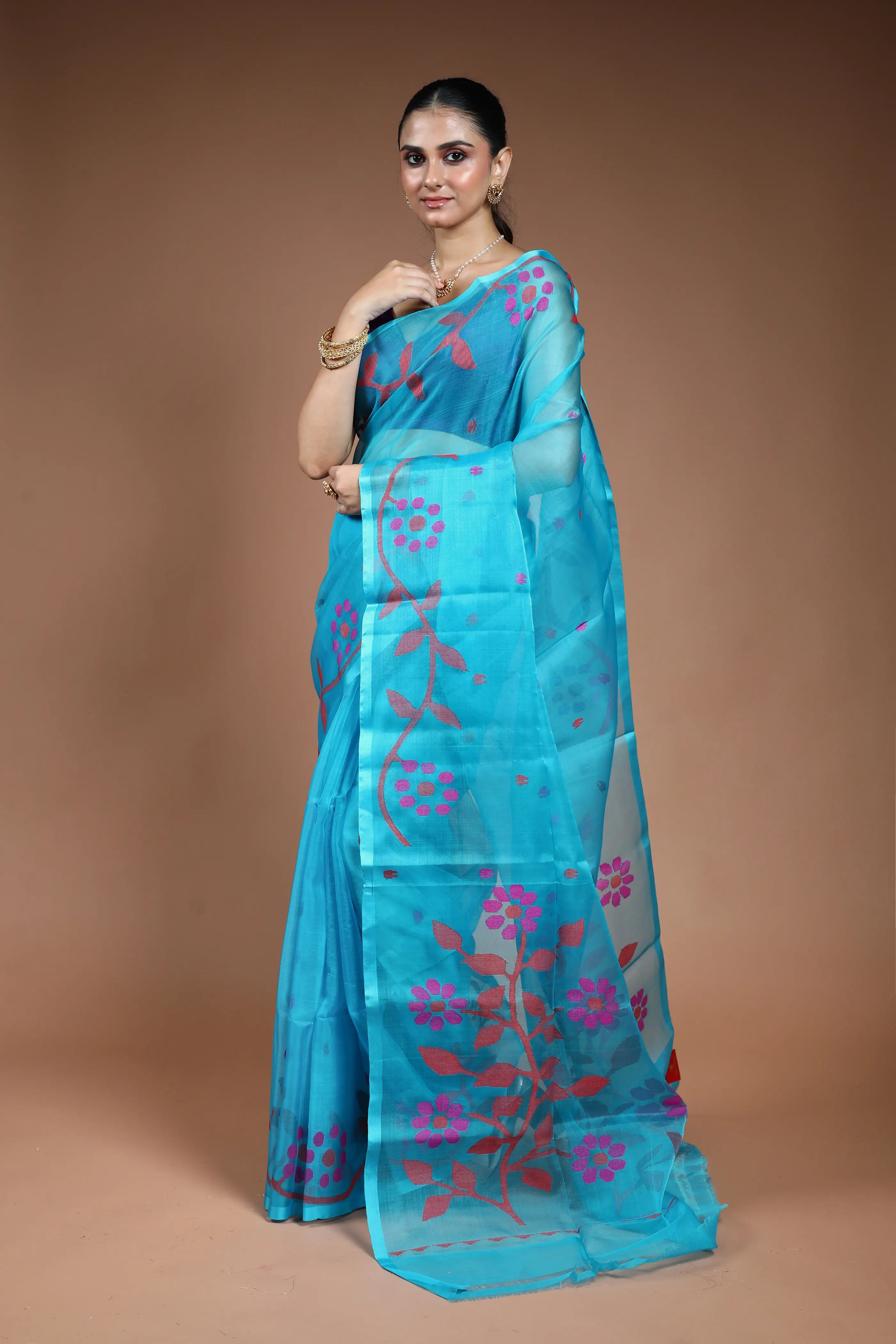 Sky Blue Muslin Jamdani Saree without Blouse Piece