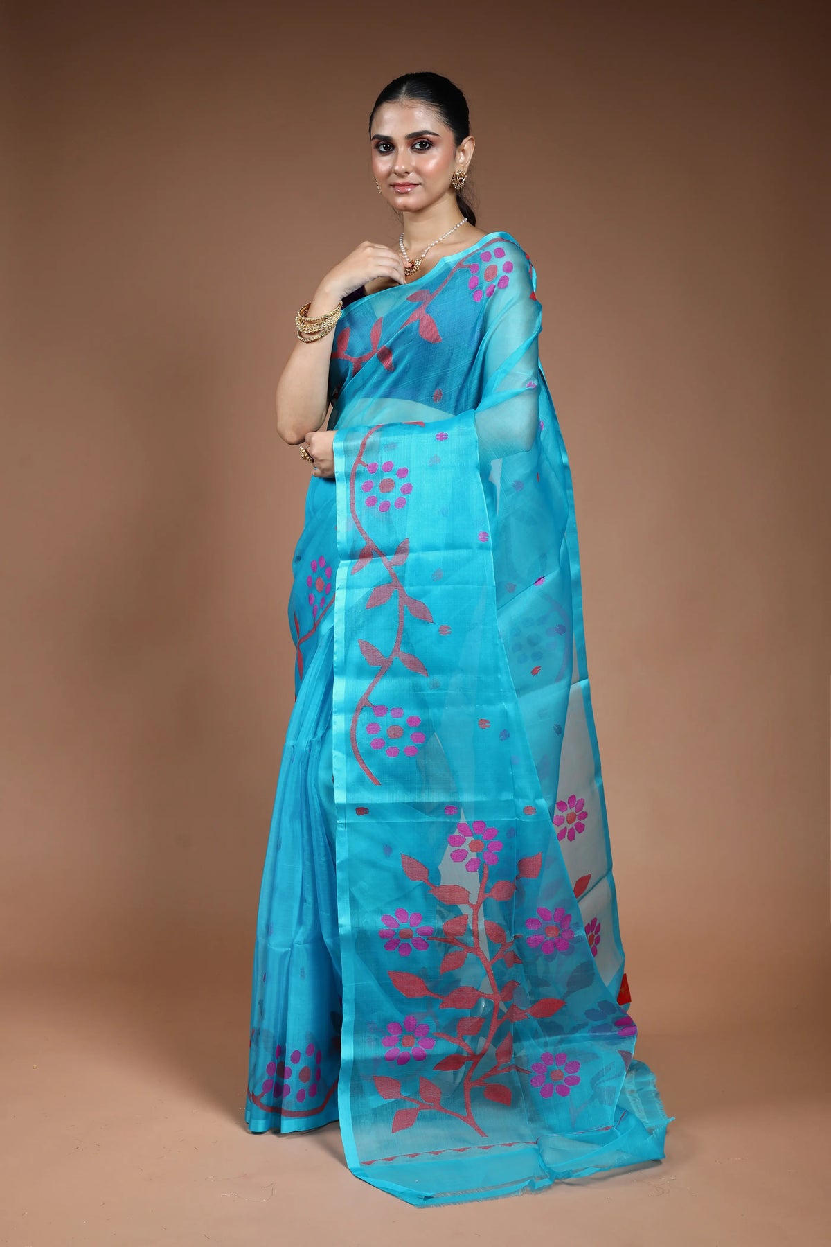 Sky Blue Muslin Jamdani Saree without Blouse Piece