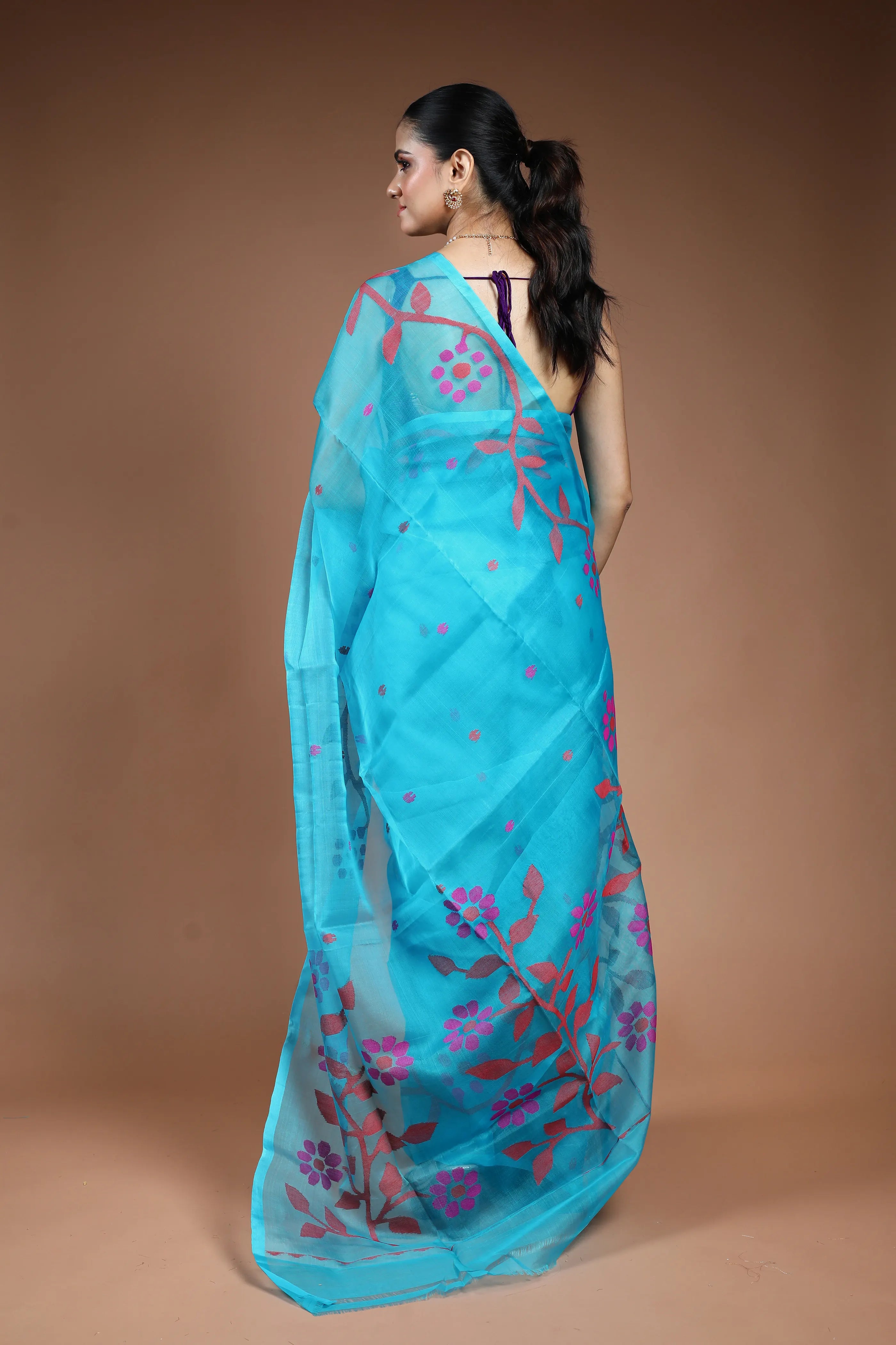 Sky Blue Muslin Jamdani Saree without Blouse Piece
