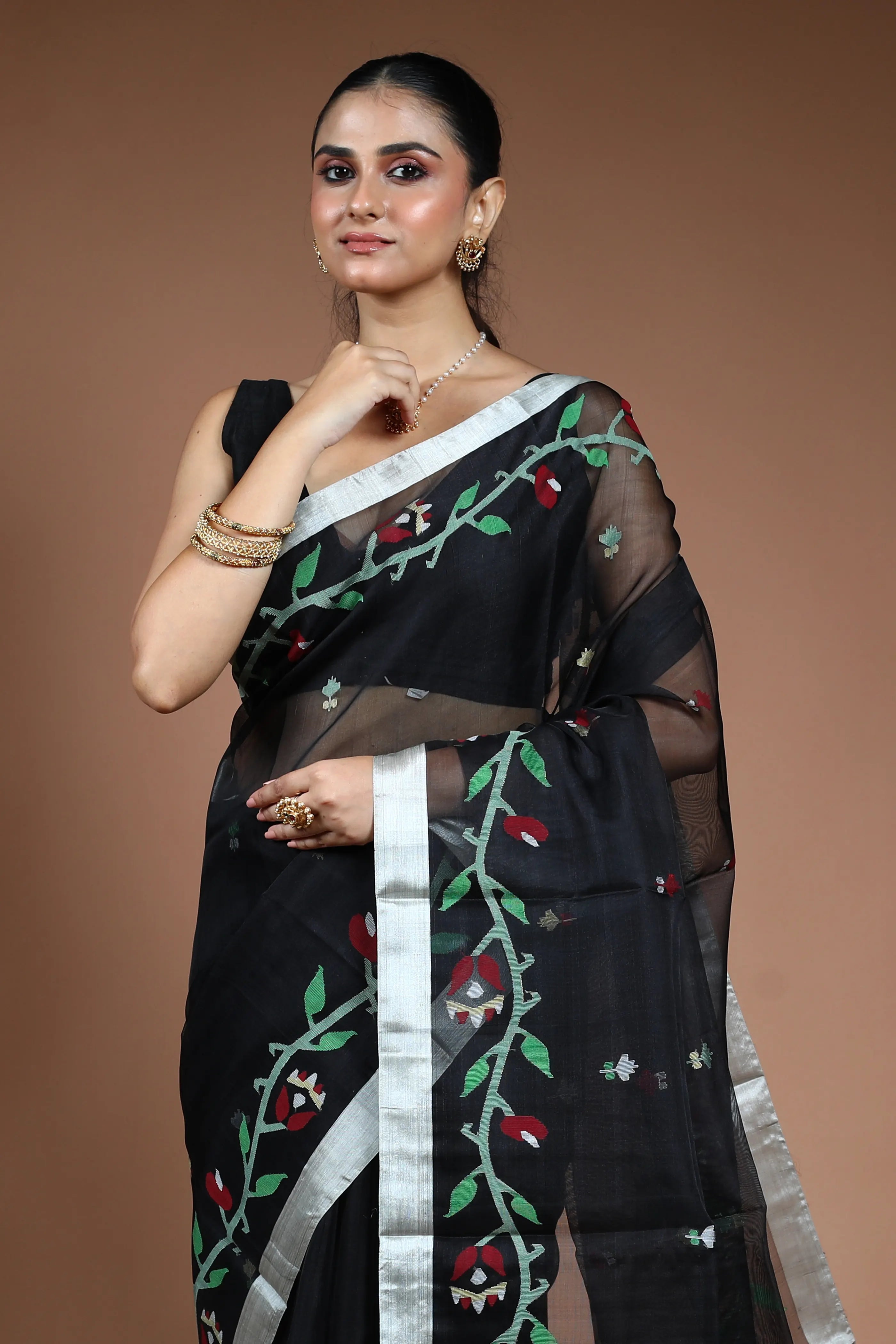 Black Muslin Jamdani Saree without Blouse Piece