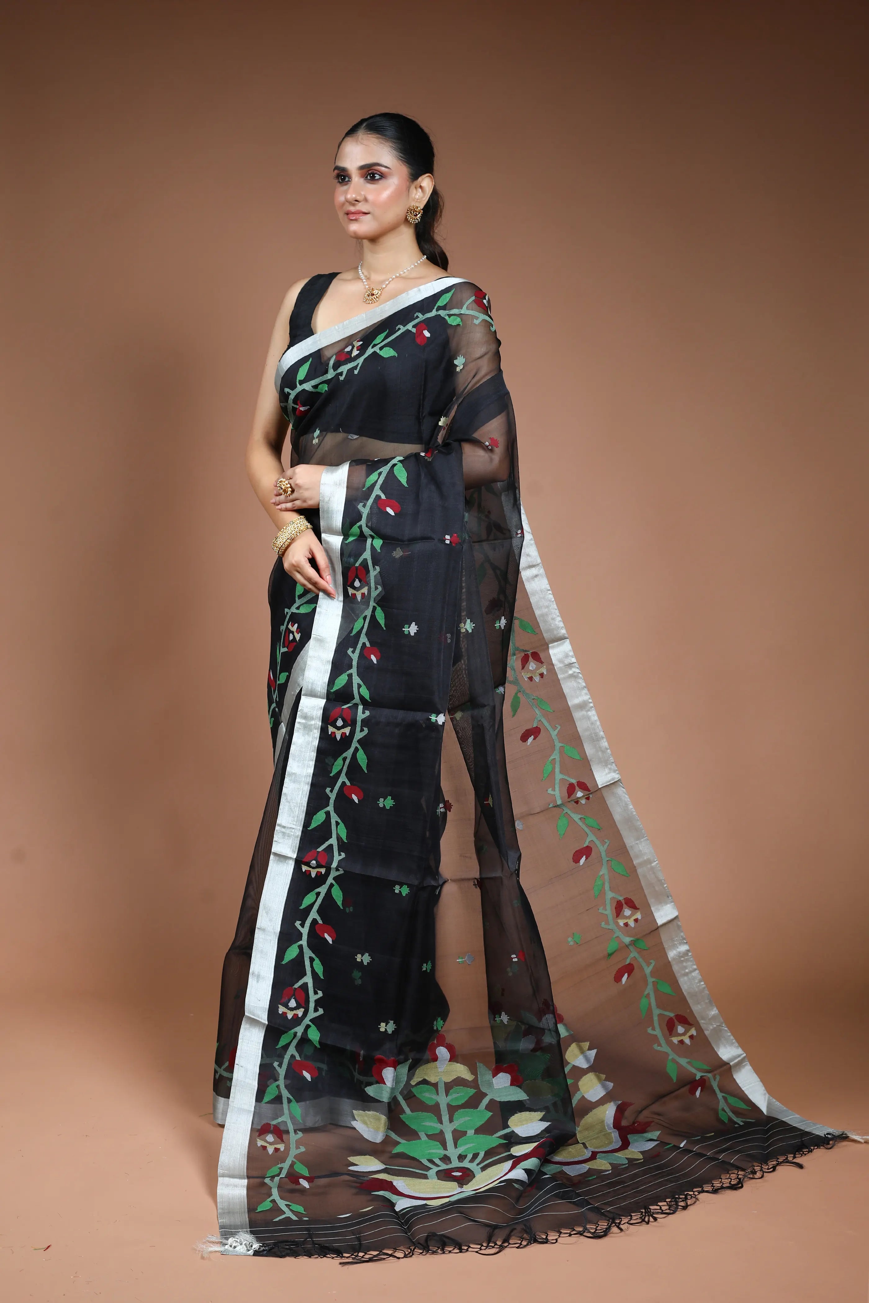 Black Muslin Jamdani Saree without Blouse Piece