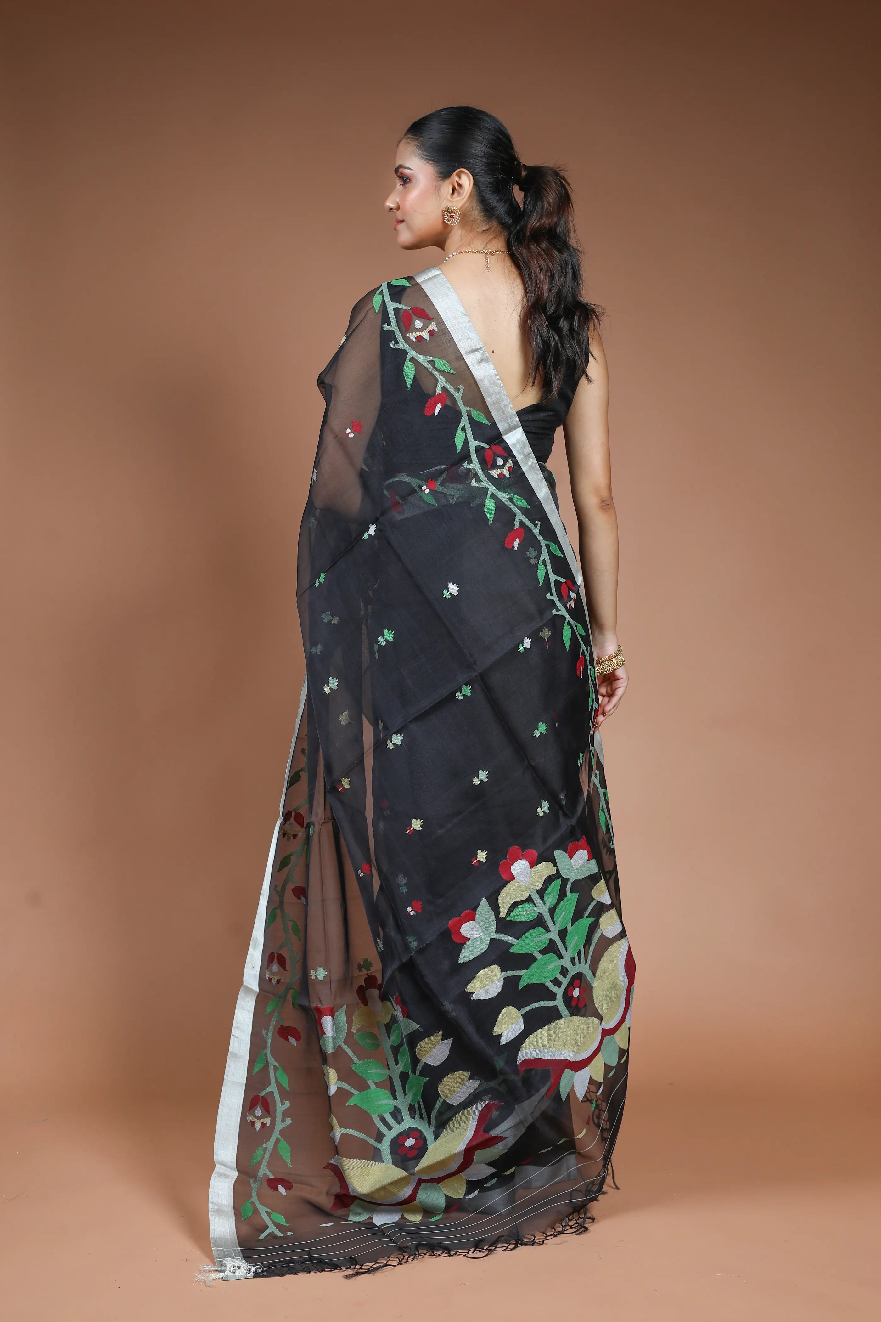 Black Muslin Jamdani Saree without Blouse Piece