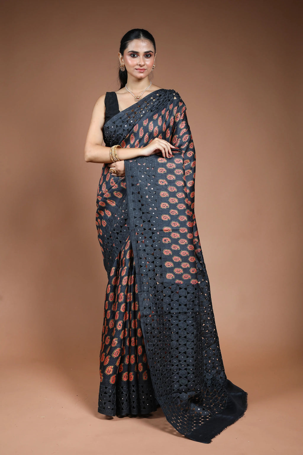 Black Tussar Cutwork Saree with Blouse Piece