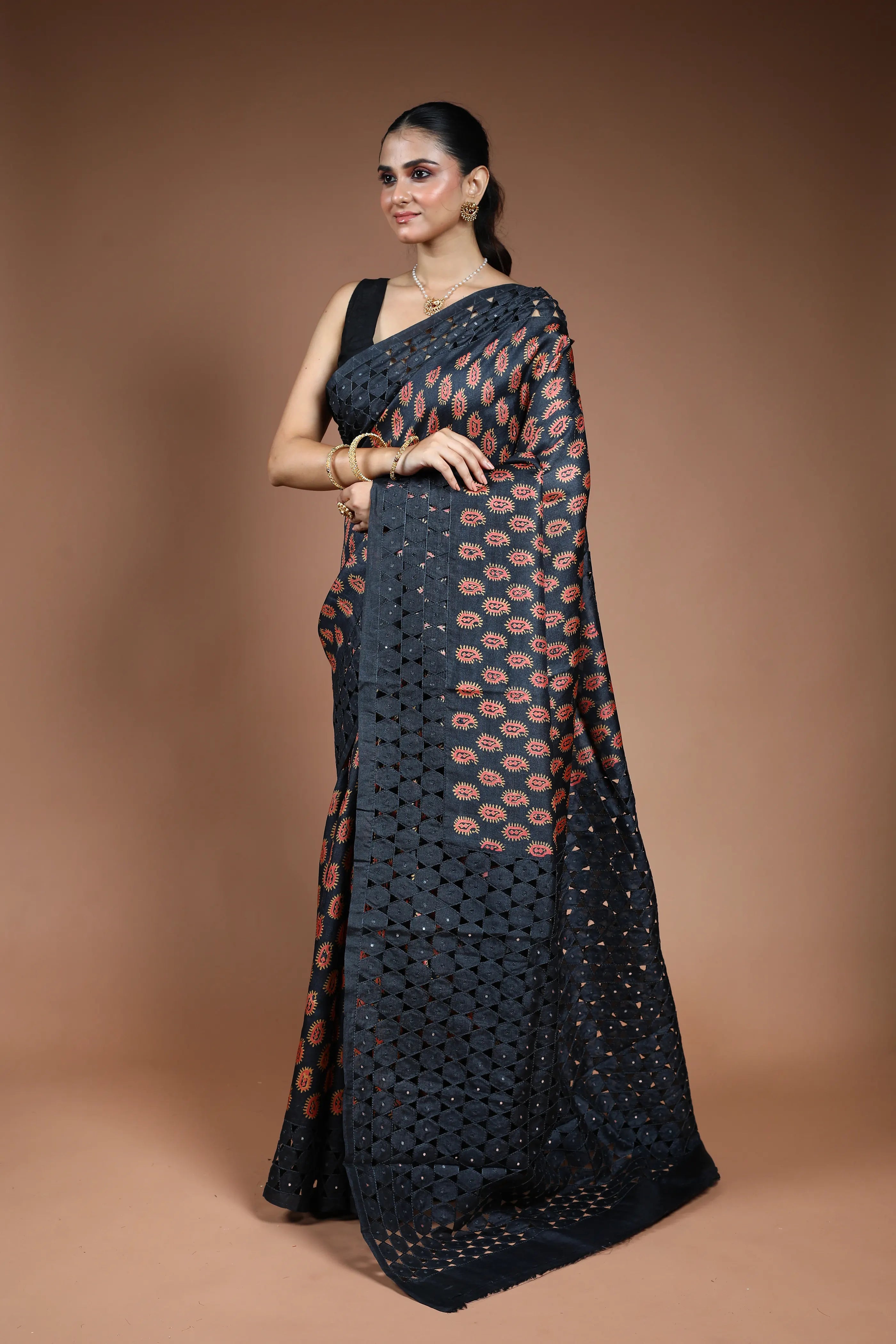 Black Tussar Cutwork Saree with Blouse Piece