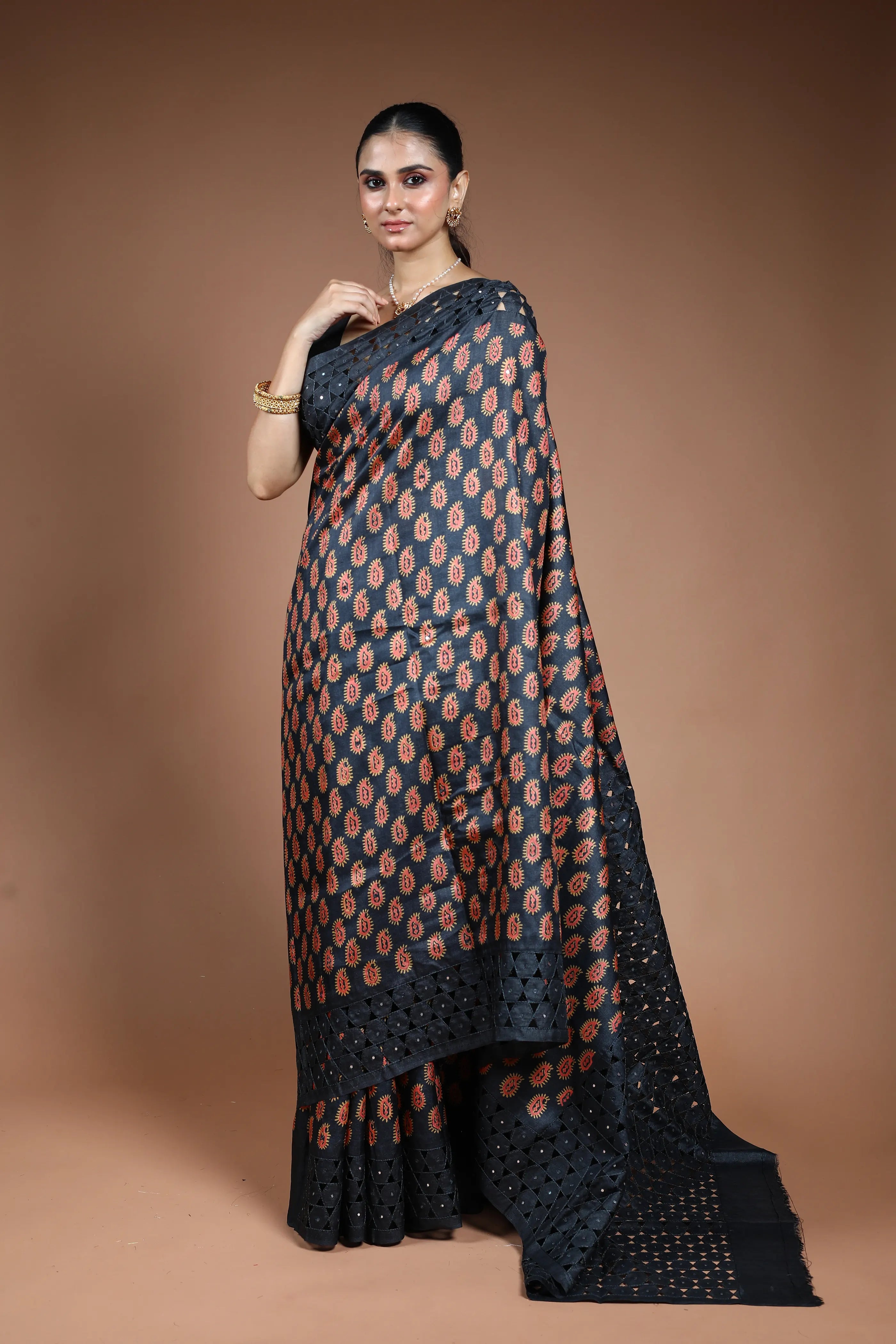 Black Tussar Cutwork Saree with Blouse Piece