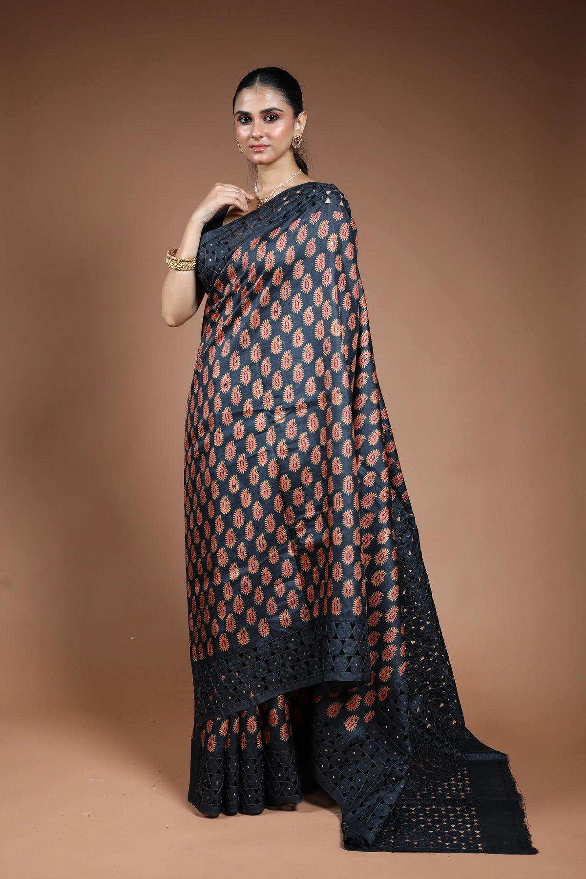 Black Tussar Cutwork Saree with Blouse Piece