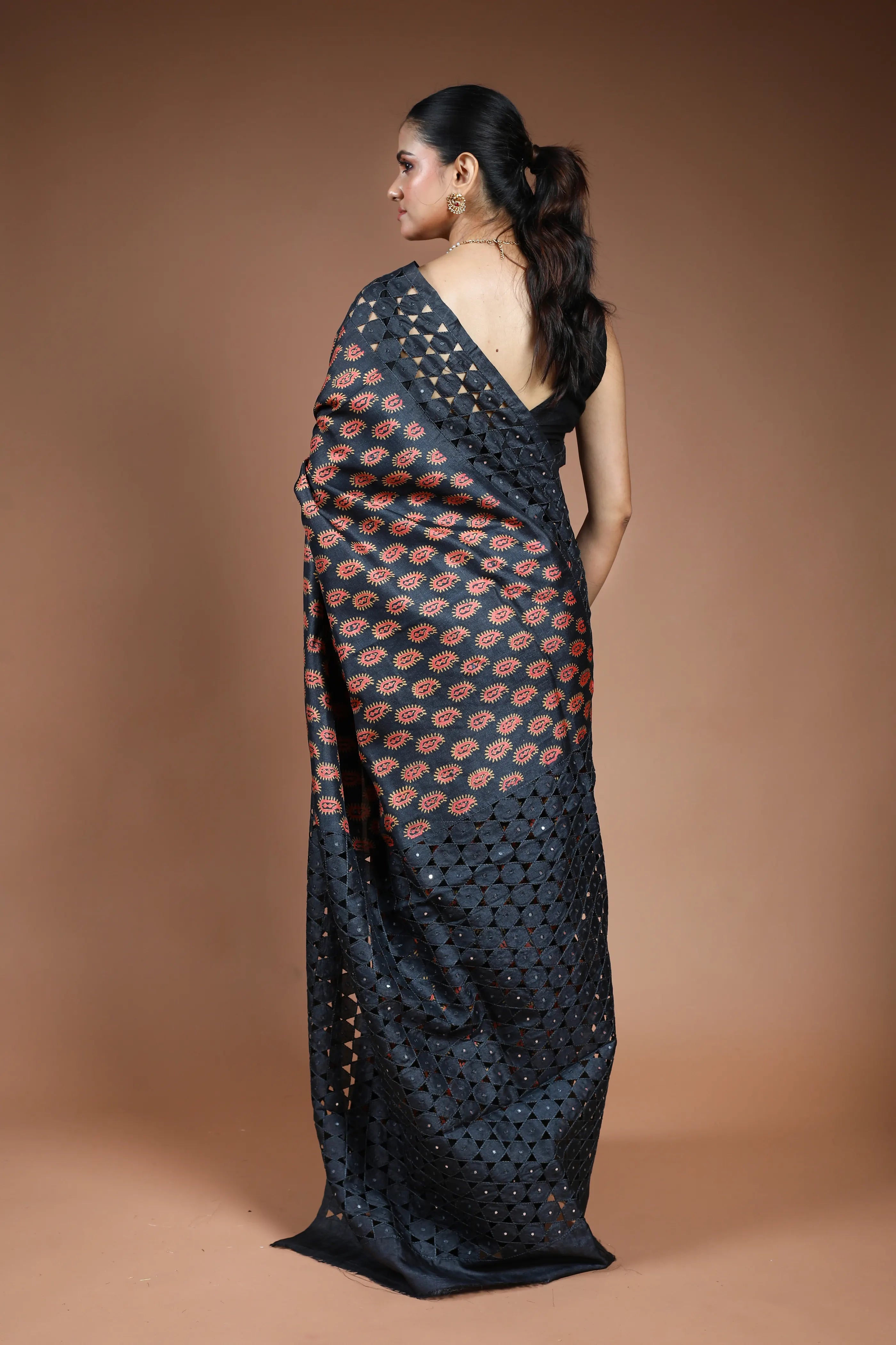Black Tussar Cutwork Saree with Blouse Piece