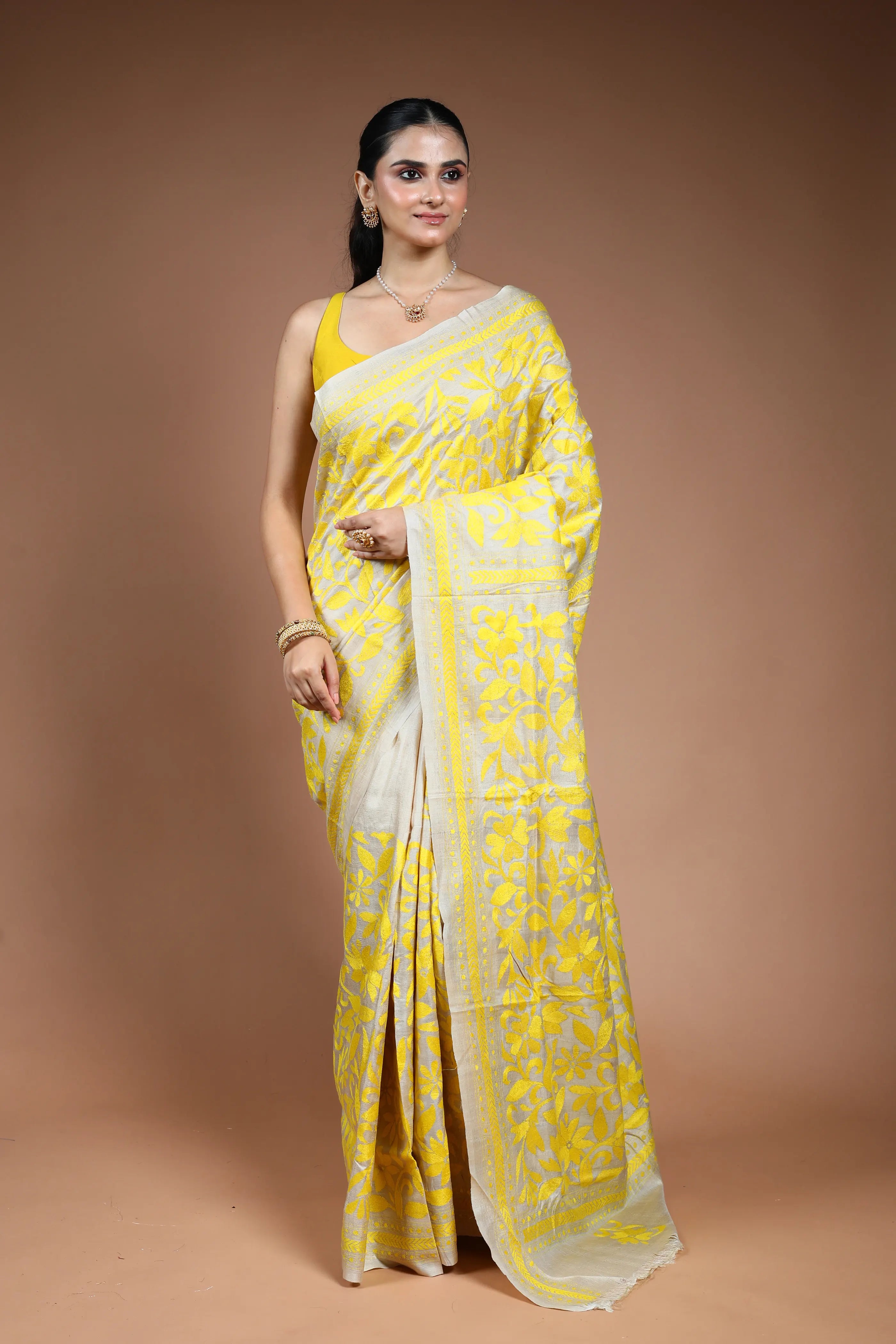Beige Tussar Kantha Saree with Blouse Piece