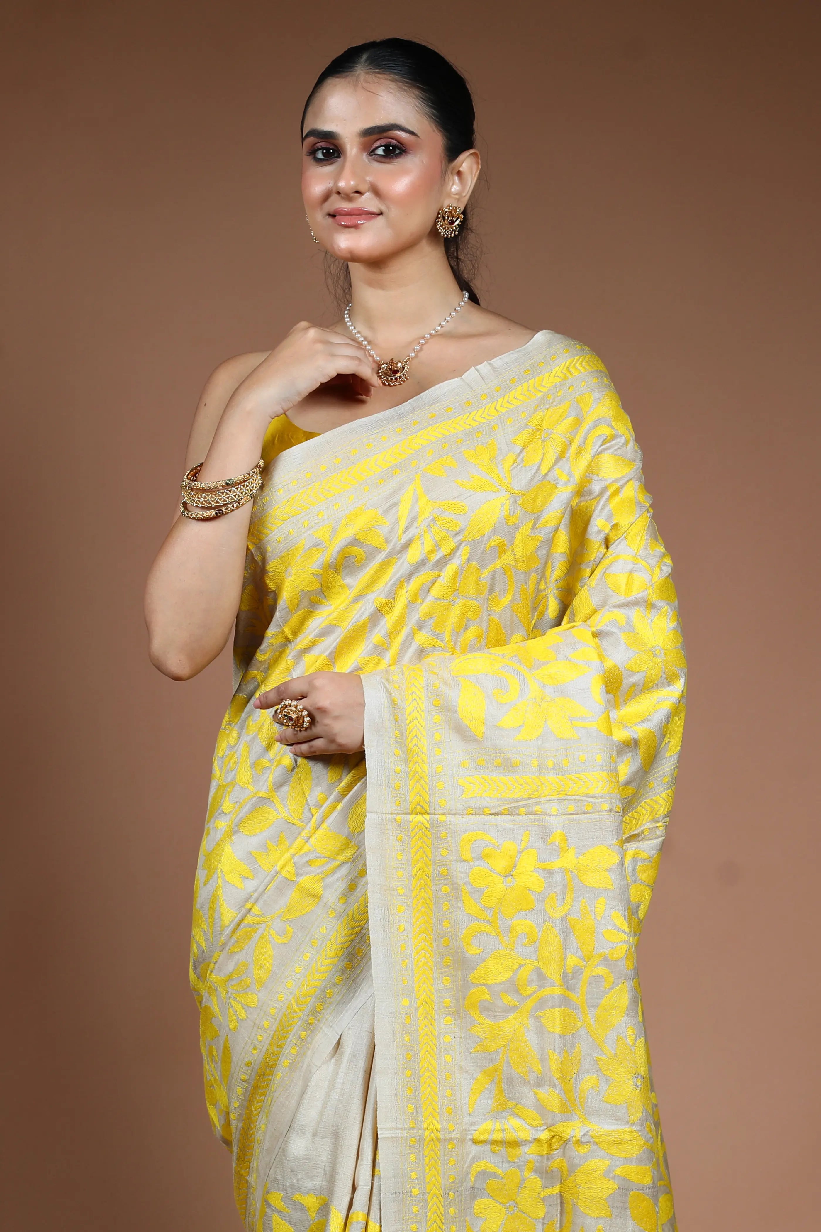 Beige Tussar Kantha Saree with Blouse Piece