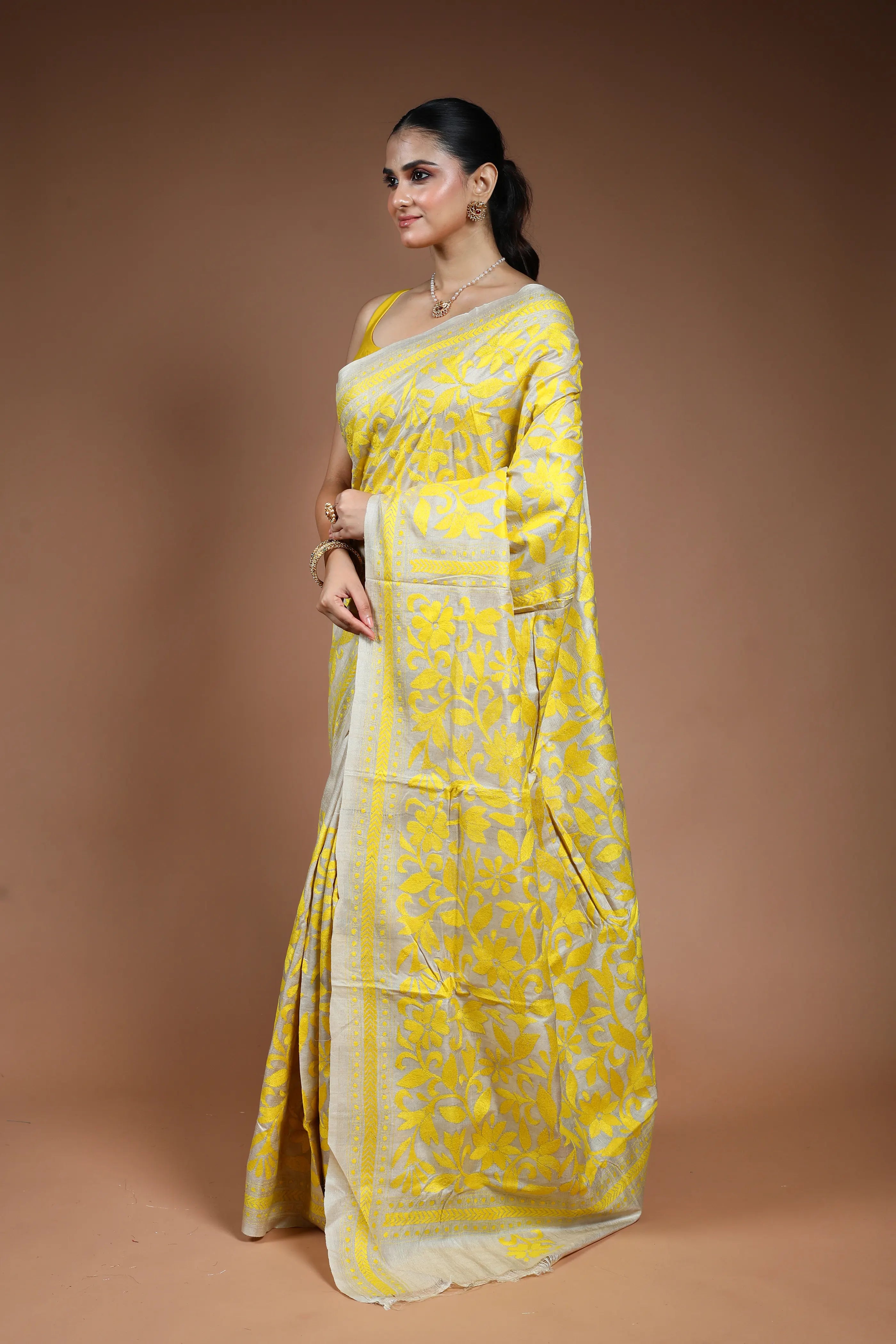 Beige Tussar Kantha Saree with Blouse Piece