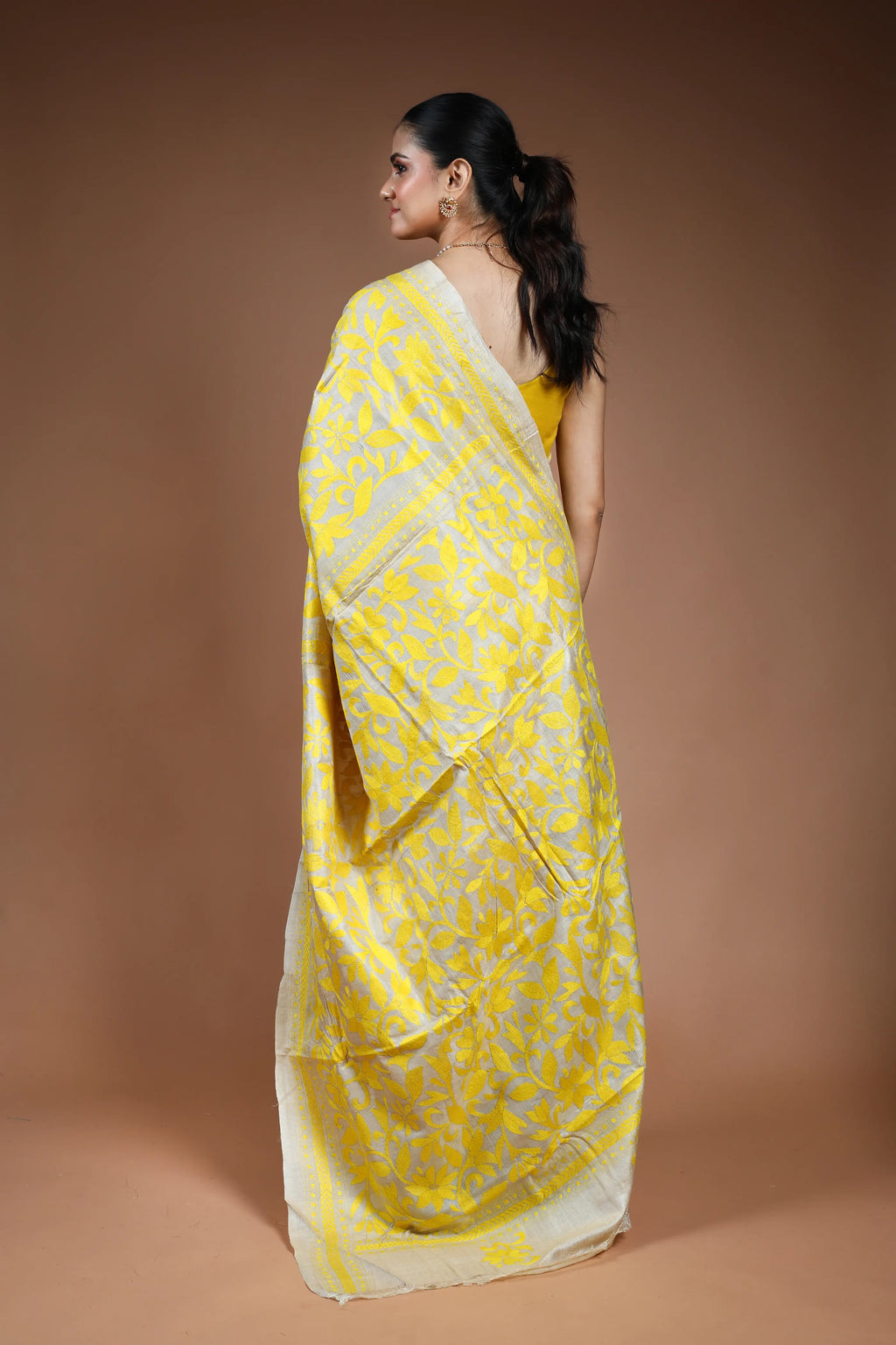 Beige Tussar Kantha Saree with Blouse Piece