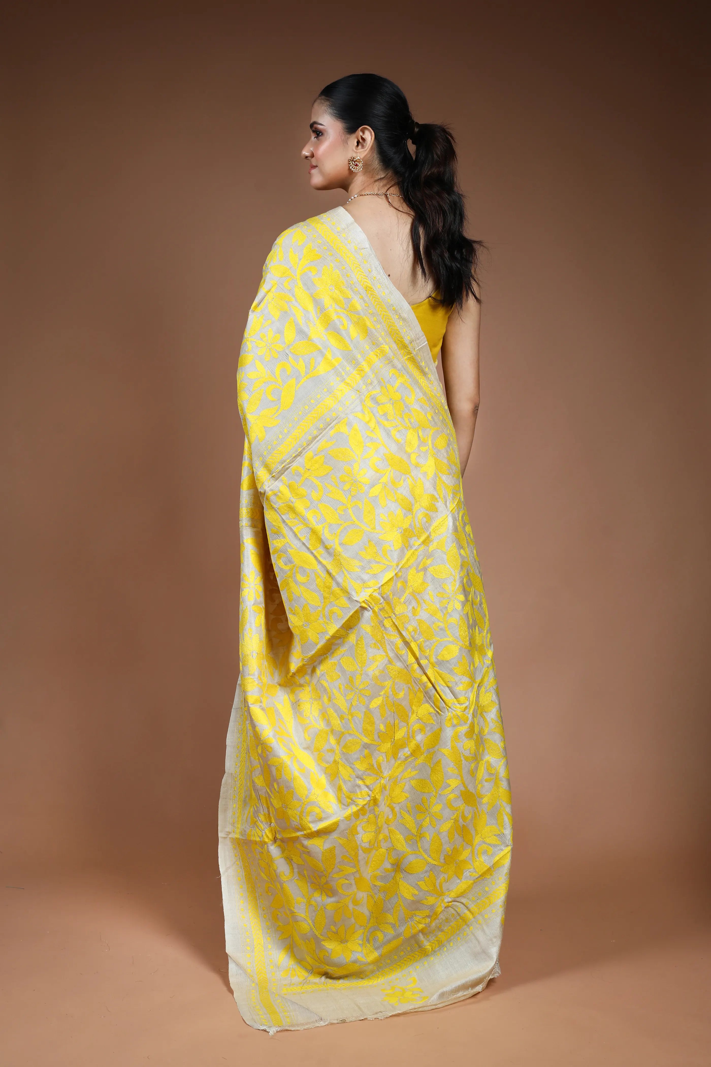 Beige Tussar Kantha Saree with Blouse Piece