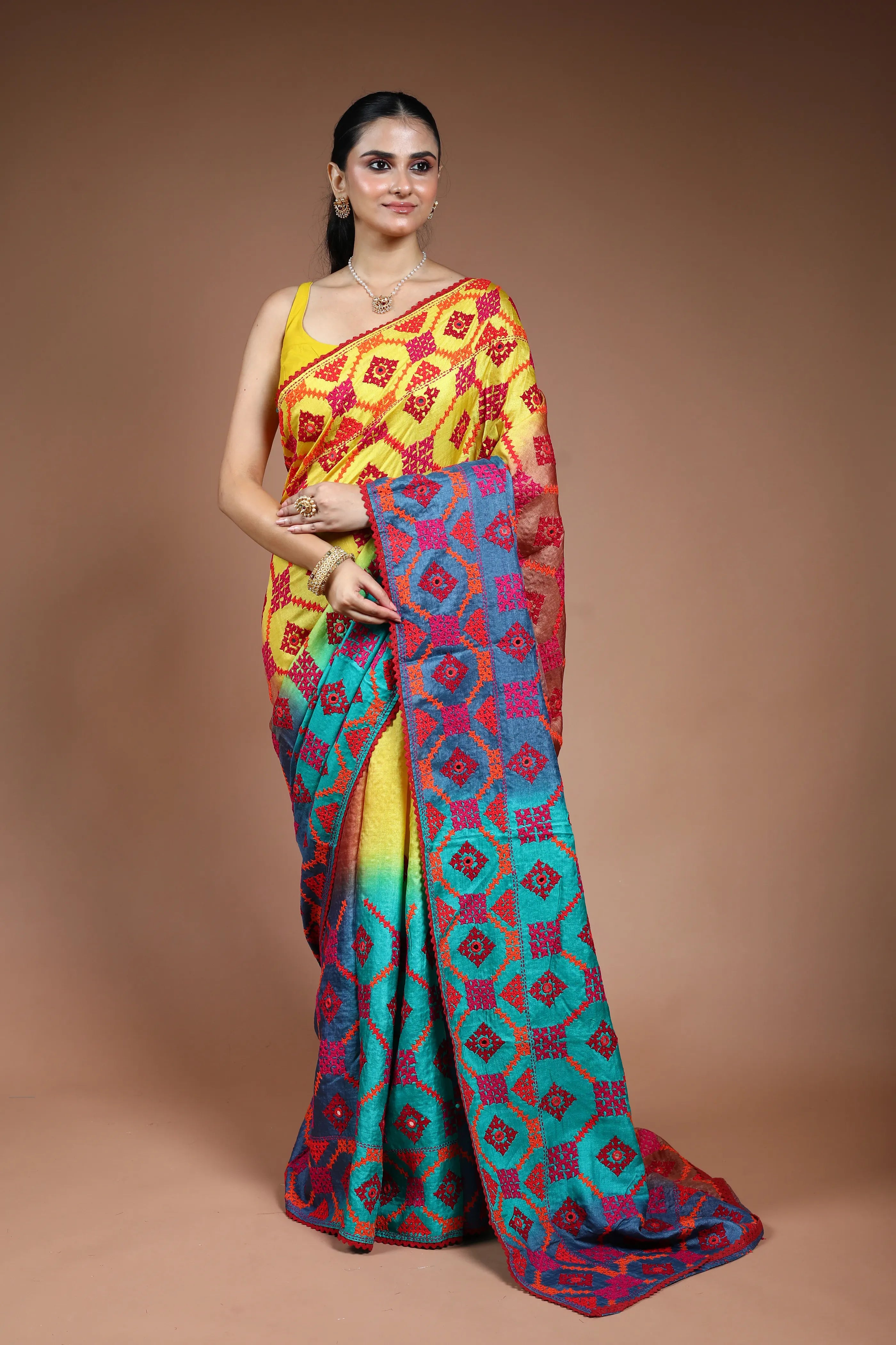 Multicolor Tussar Gujarati Saree with Blouse Piece