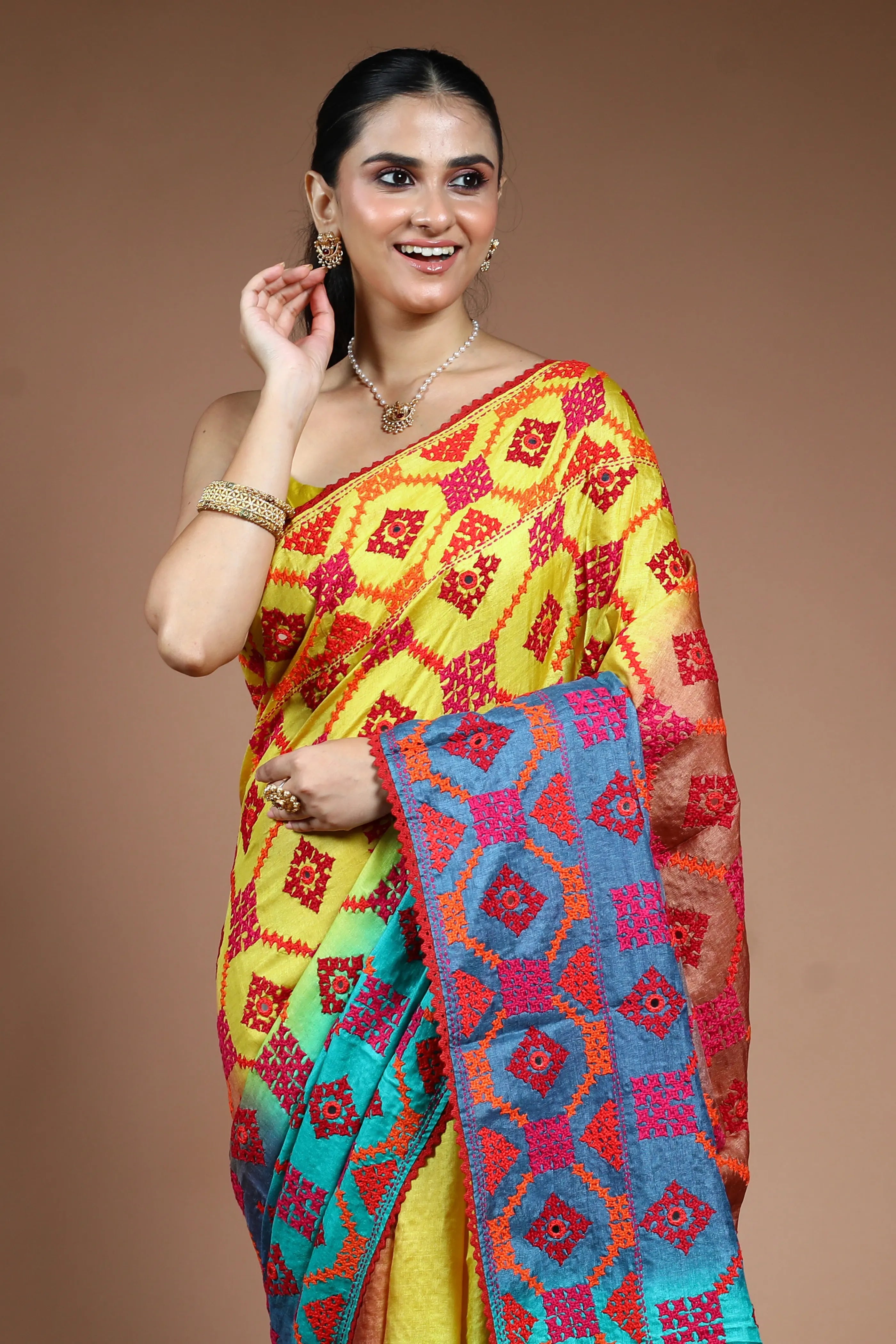 Multicolor Tussar Gujarati Saree with Blouse Piece