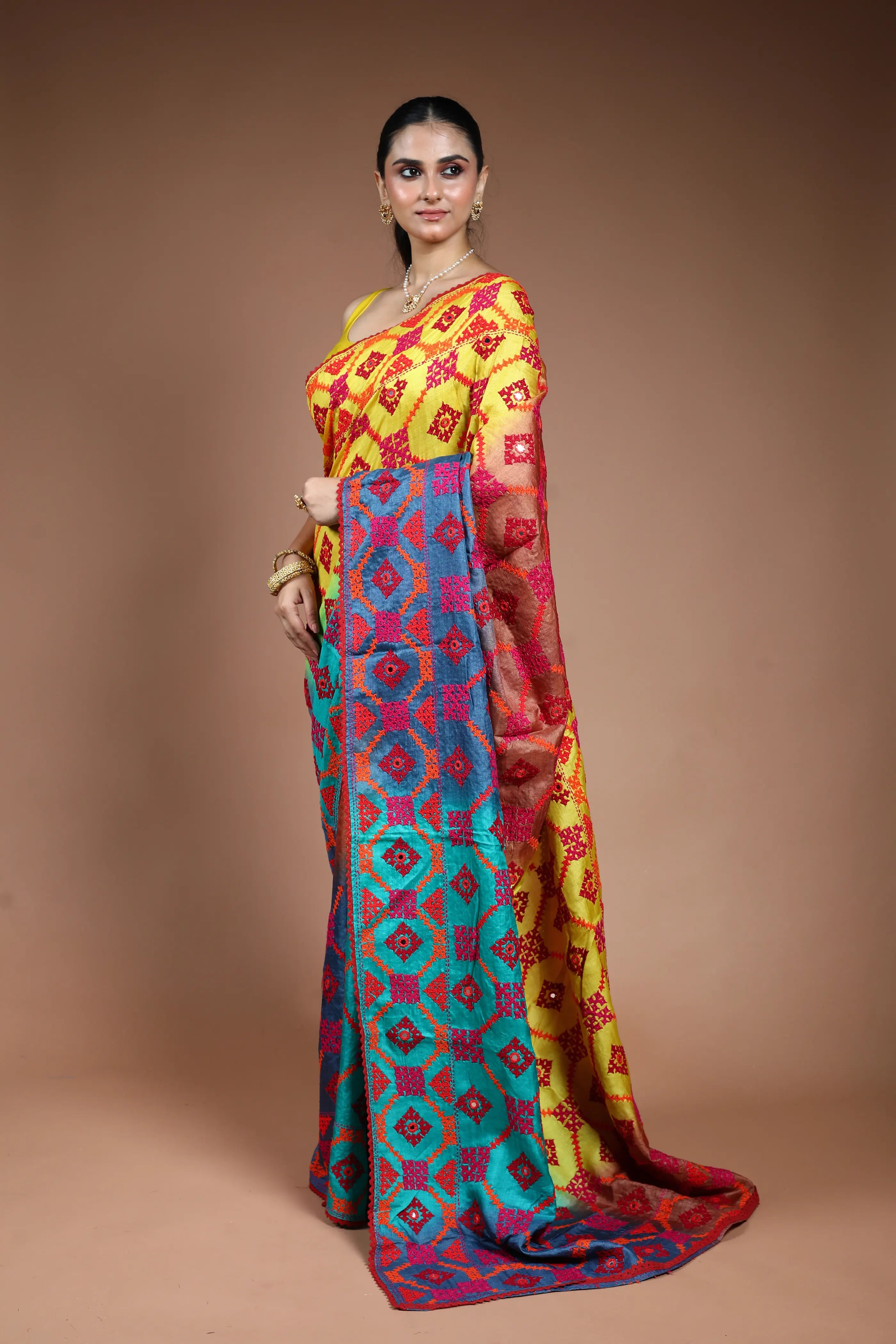 Multicolor Tussar Gujarati Saree with Blouse Piece