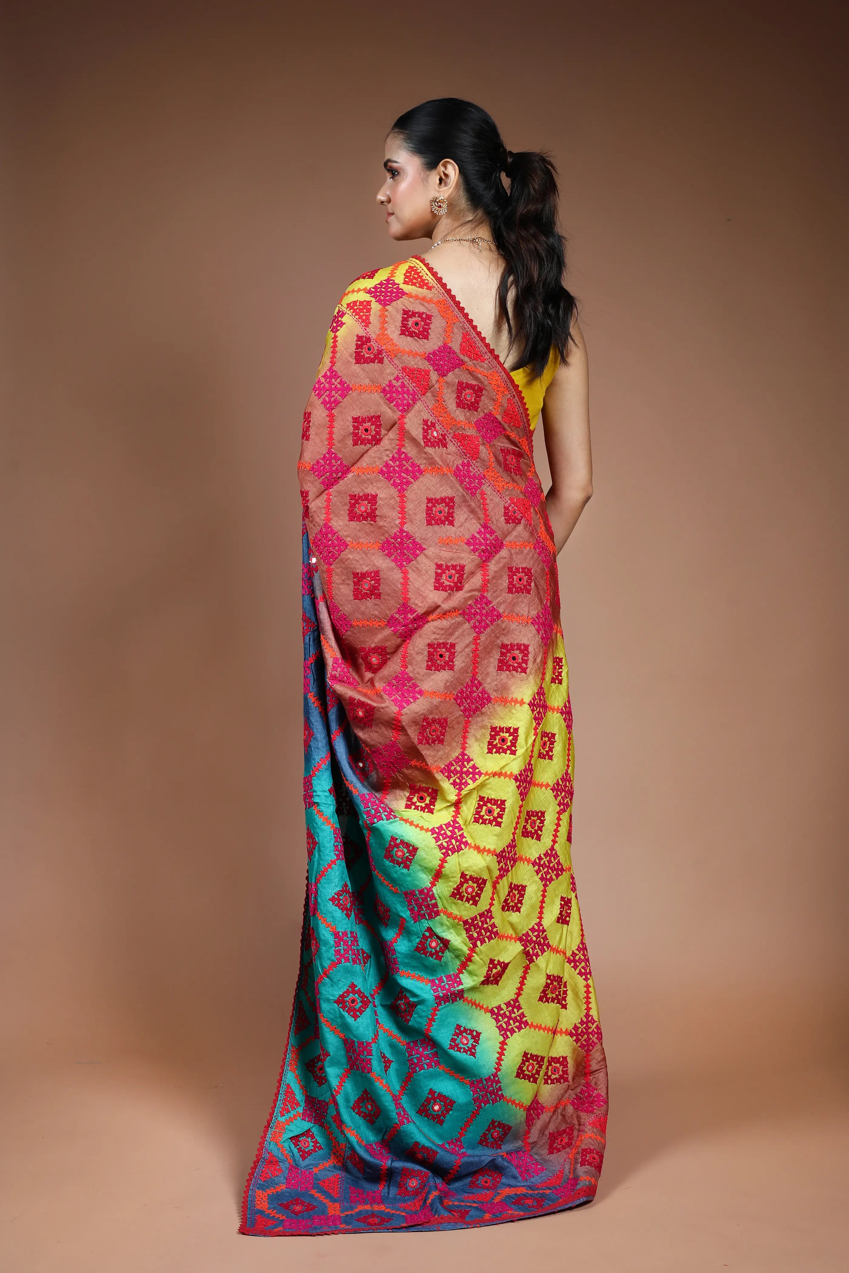 Multicolor Tussar Gujarati Saree with Blouse Piece