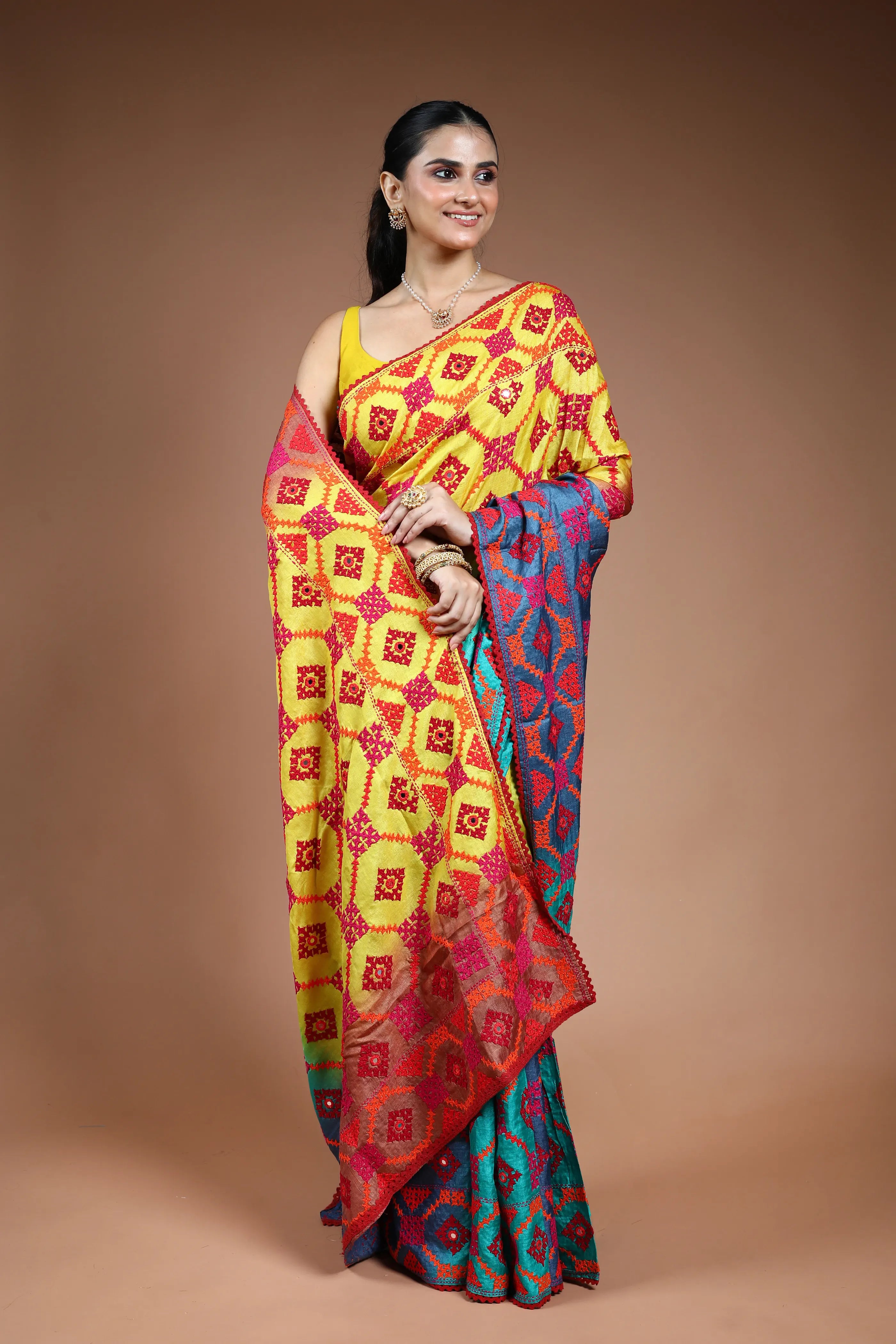 Multicolor Tussar Gujarati Saree with Blouse Piece