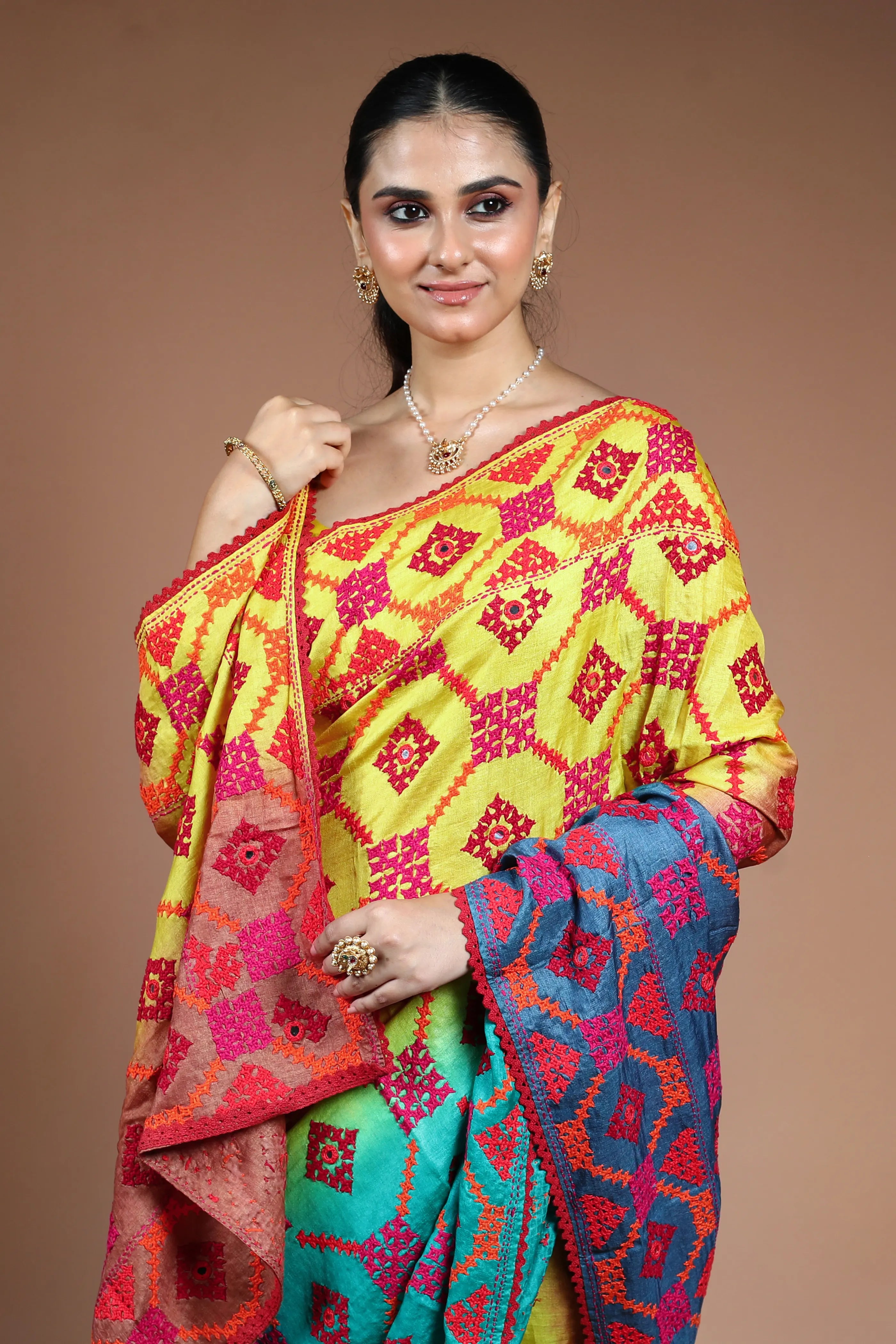 Multicolor Tussar Gujarati Saree with Blouse Piece