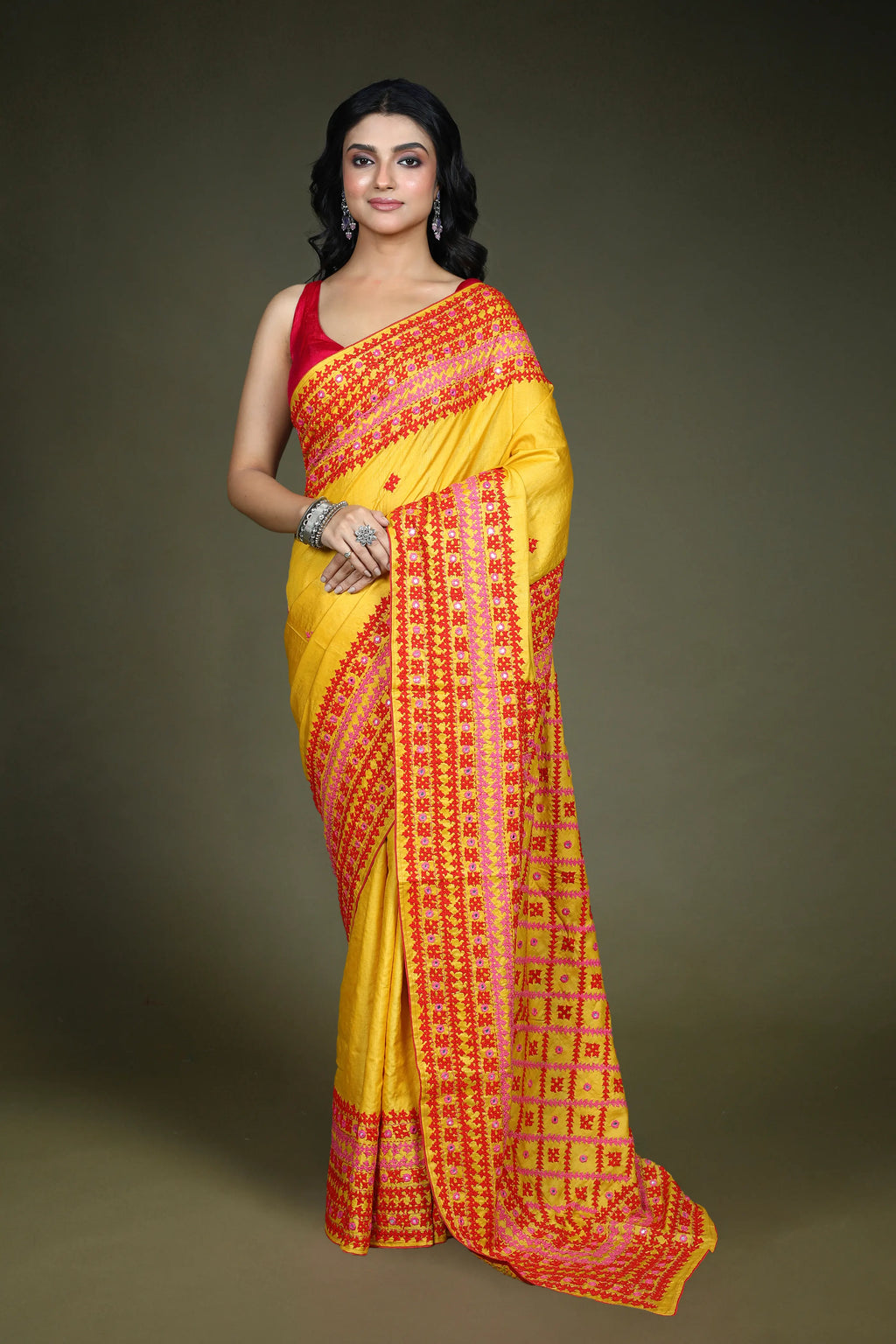 Yellow Tussar Gujarati Saree with Blouse Piece