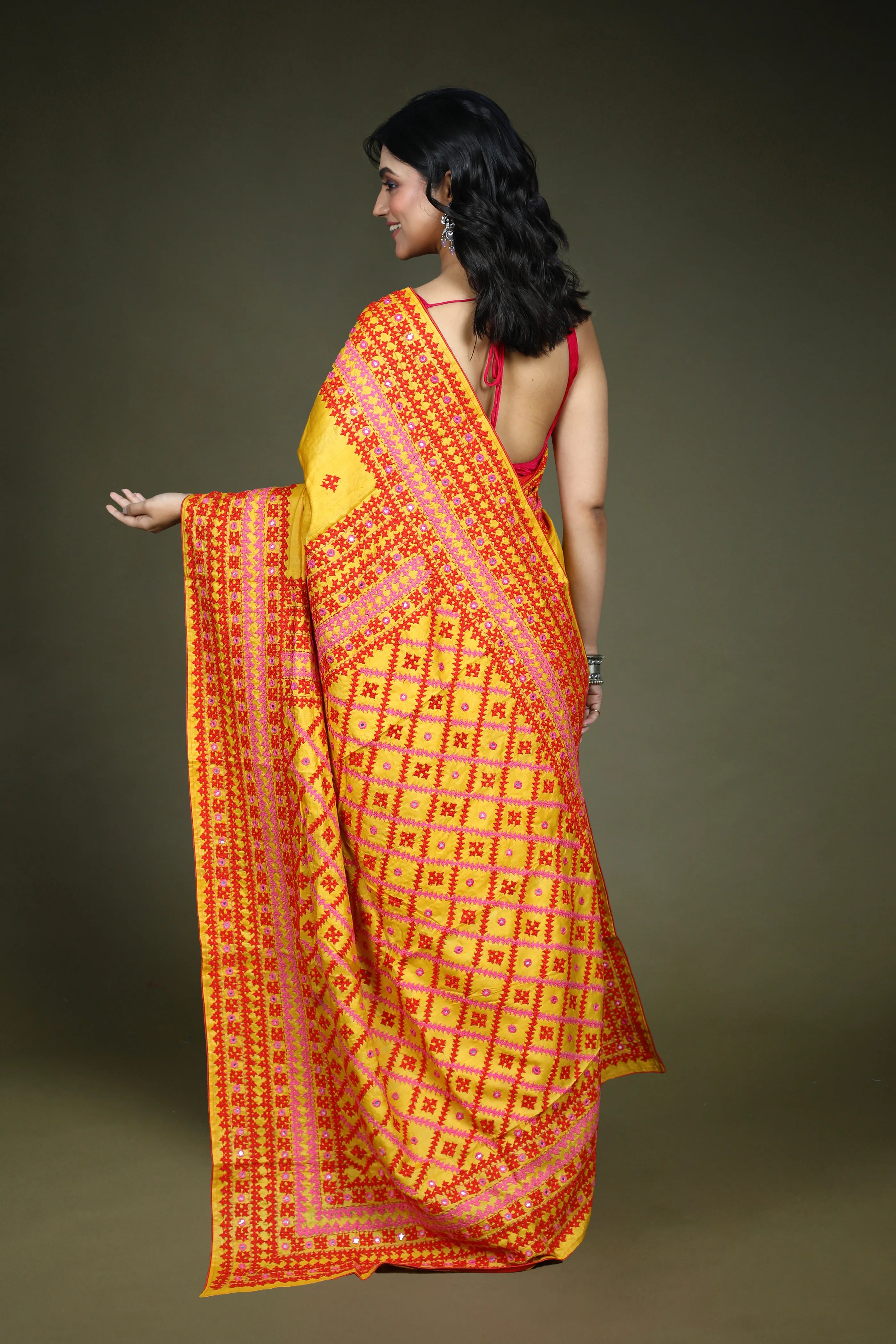 Yellow Tussar Gujarati Saree with Blouse Piece