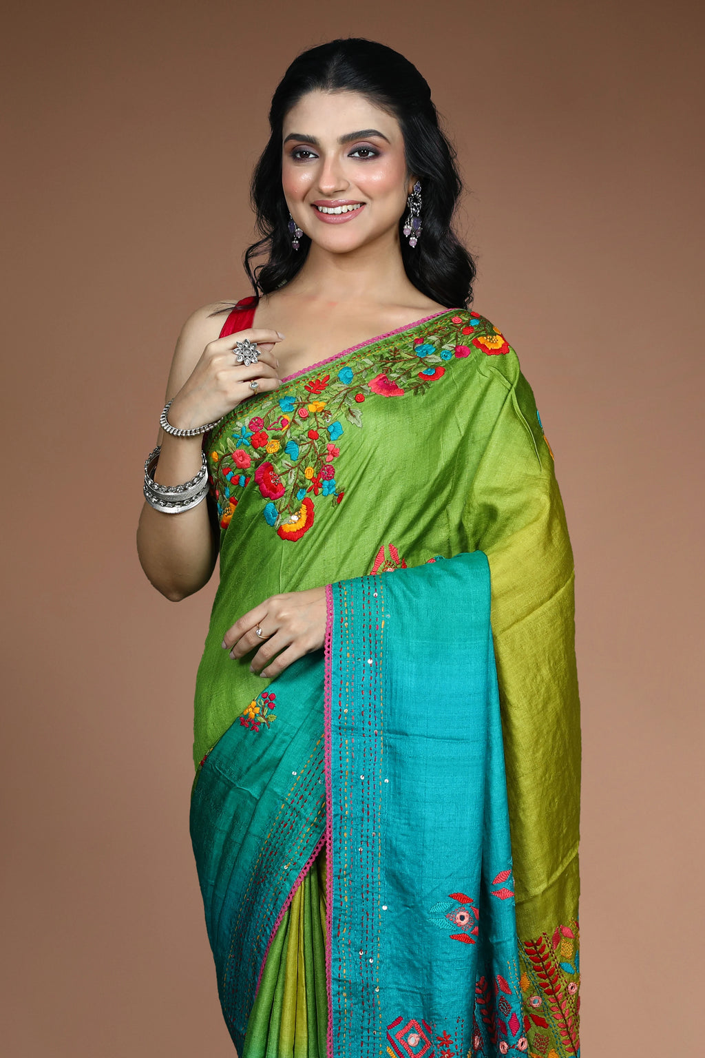 Multicolor Tussar Fusion Saree with Blouse Piece