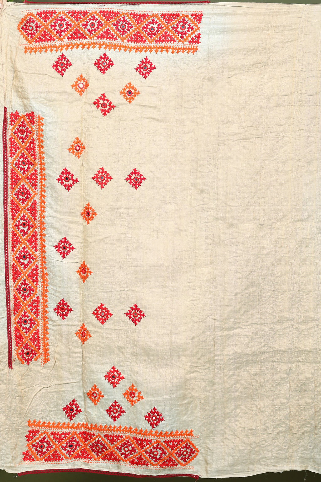 Beige Tussar Kathiyawadi Saree With Gujarati Work with Blouse Piece